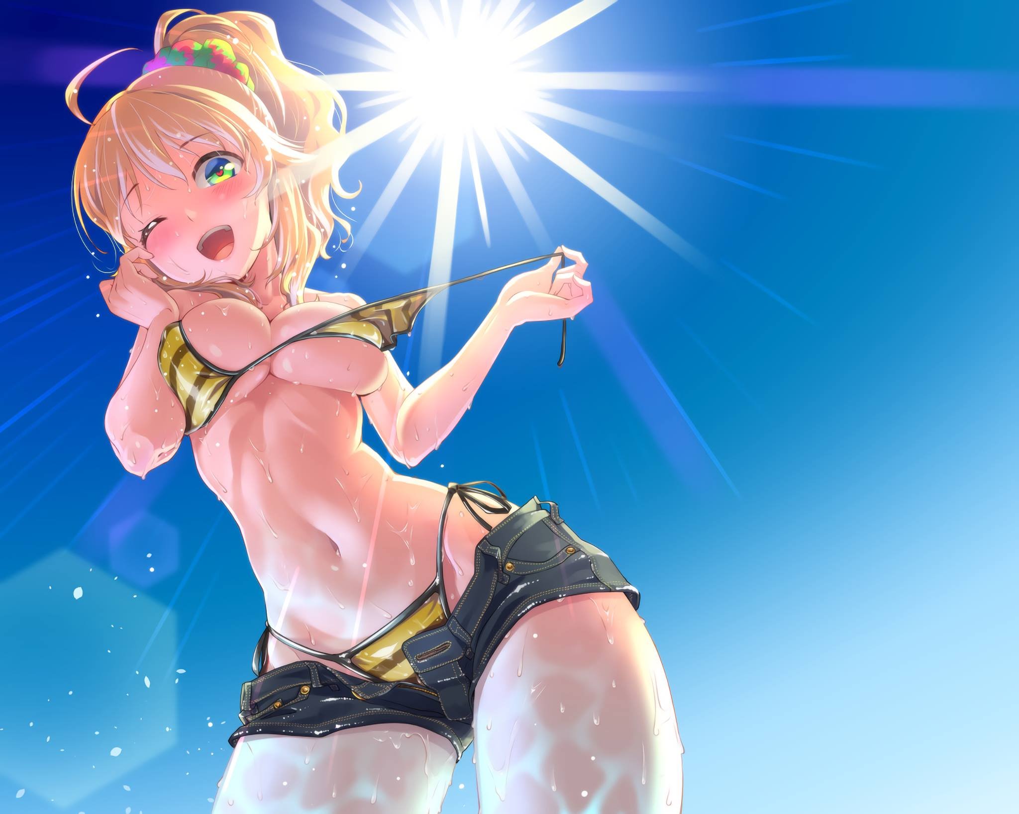 Anime 2048x1637 green eyes yellow bikini striped bikini jean shorts wet body Sun beach big boobs blonde anime girls THE iDOLM@STER Hoshii Miki one eye closed blushing open shorts ahoge bikini lift pulling clothing belly low-angle ponytail water drops wet clothing open mouth heart eyes wink looking at viewer worm's eye view dripping