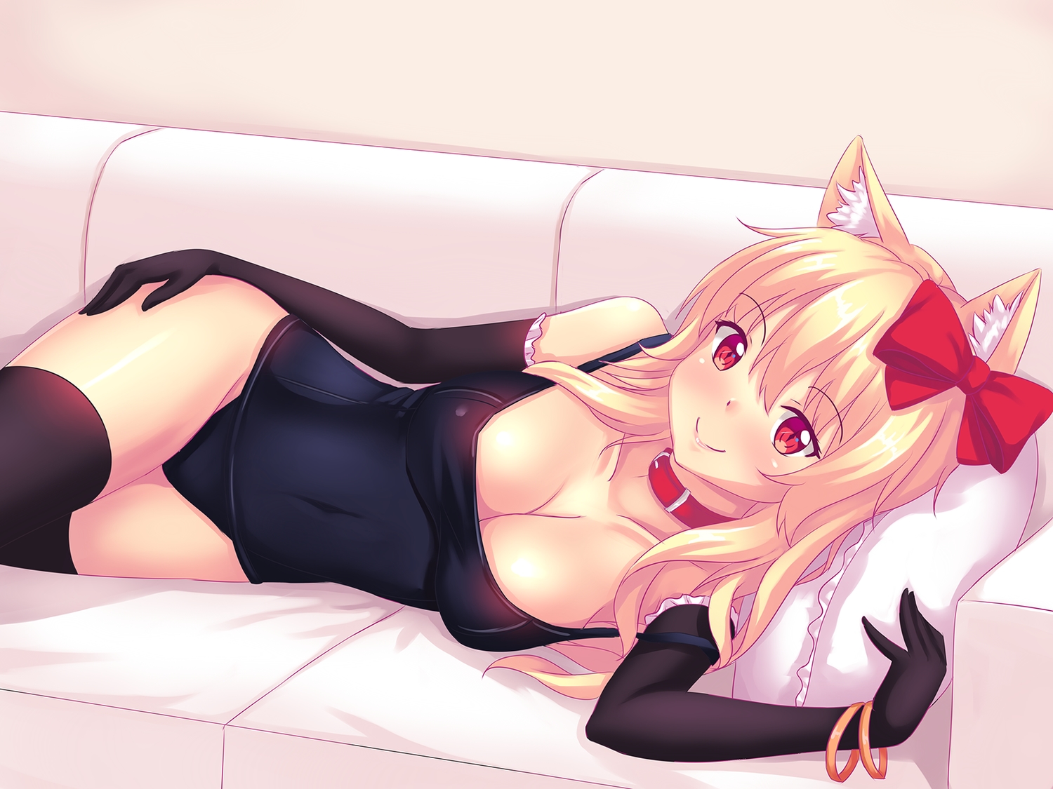 Anime 1500x1125 red eyes arm warmers black stockings cat ears hair bows lying down blonde thigh-highs elbow gloves school swimsuits cleavage lying on side animal ears smiling anime girls Naala artwork fast-runner-2024 collar