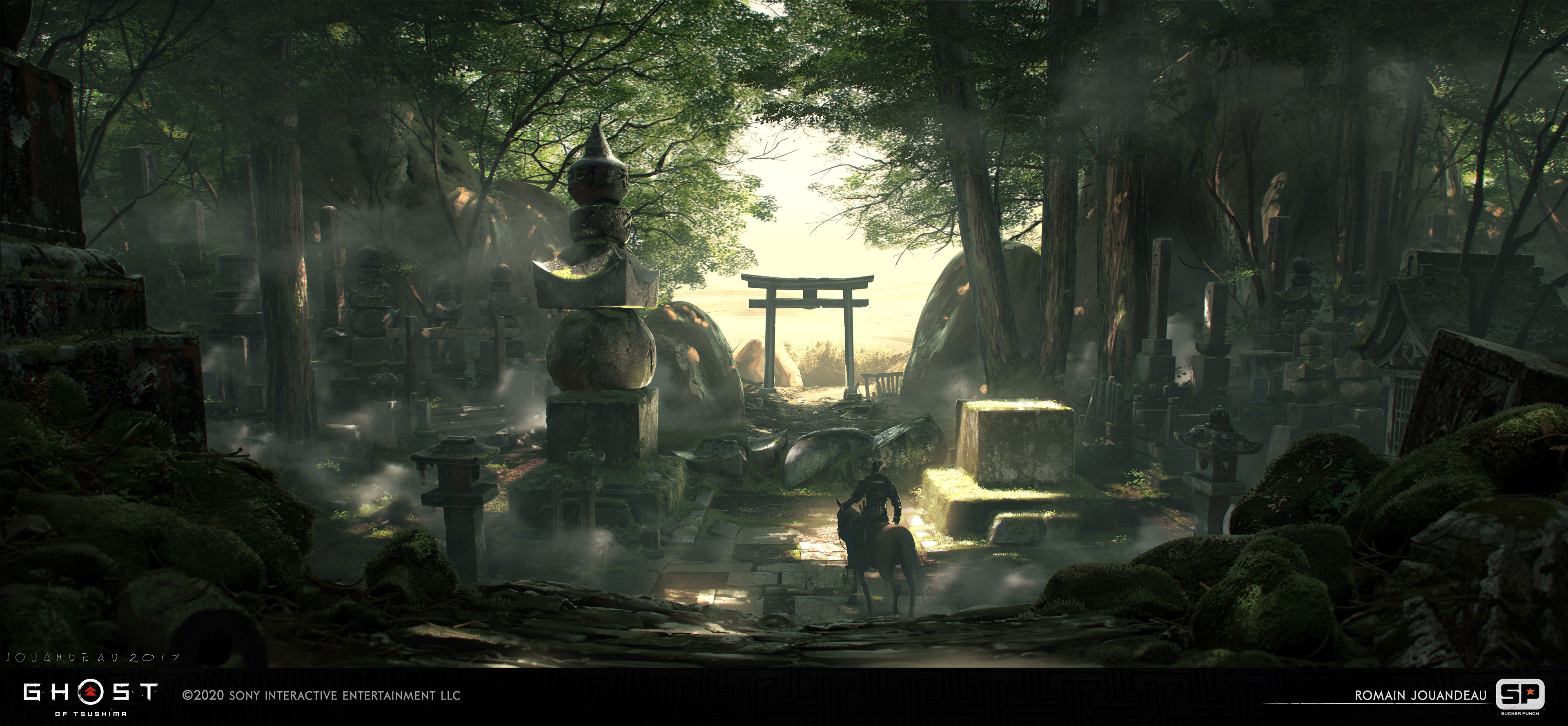 General 3840x1779 Romain Jouandeau ArtStation Ghost of Tsushima  torii horse samurai architecture forest digital art