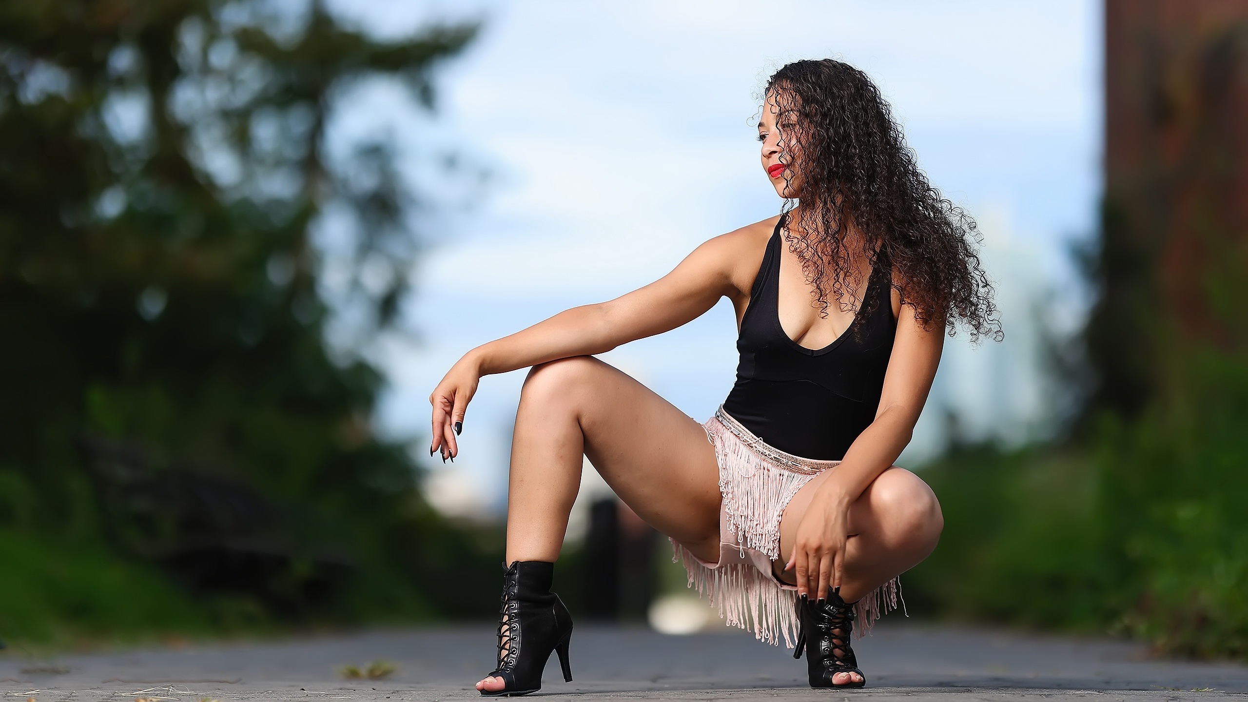 Women Women Outdoors Model Squatting Spread Legs Looking Away