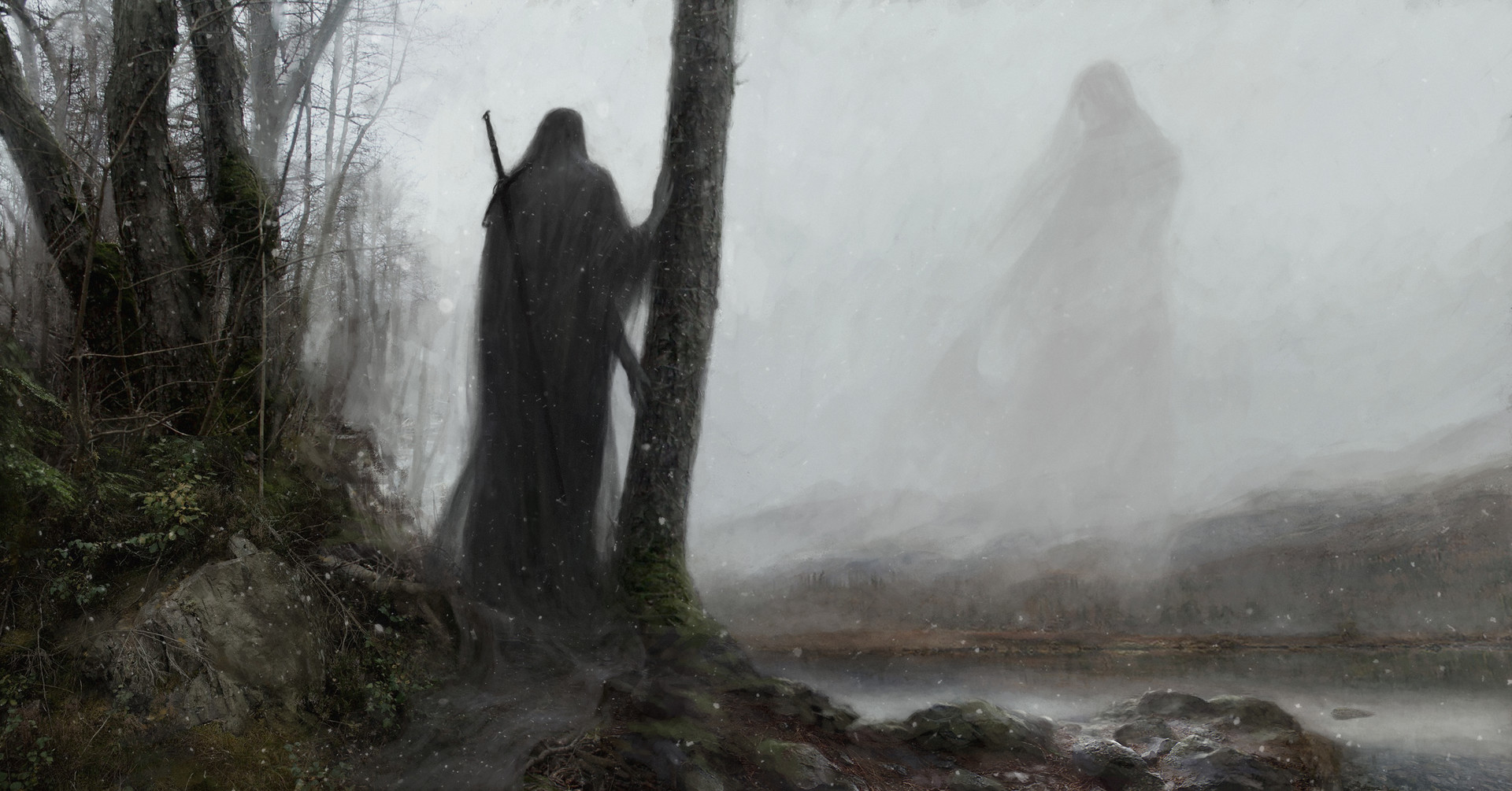 General 1920x1005 Artem Demura dark digital art fantasy art trees mist giant sword