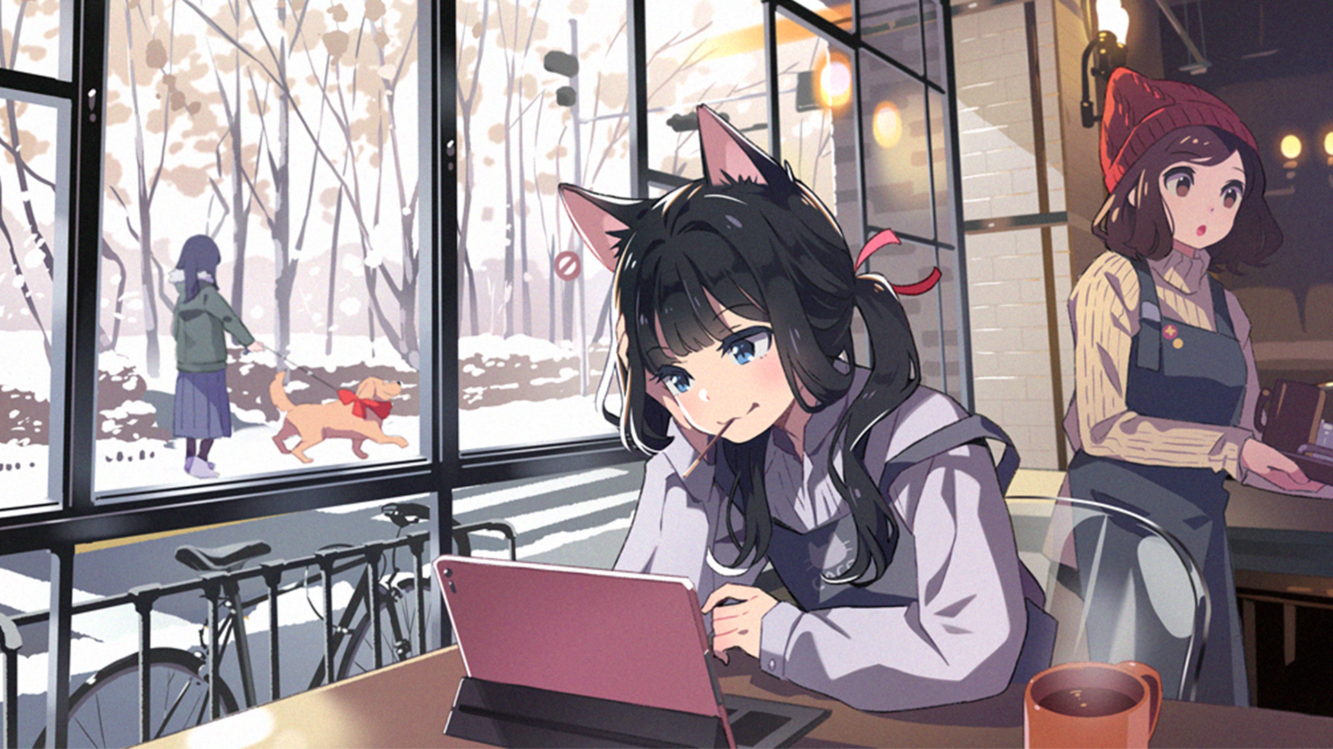Anime 1920x1080 anime anime girls original characters cafe animal ears black hair blue eyes laptop window sitting