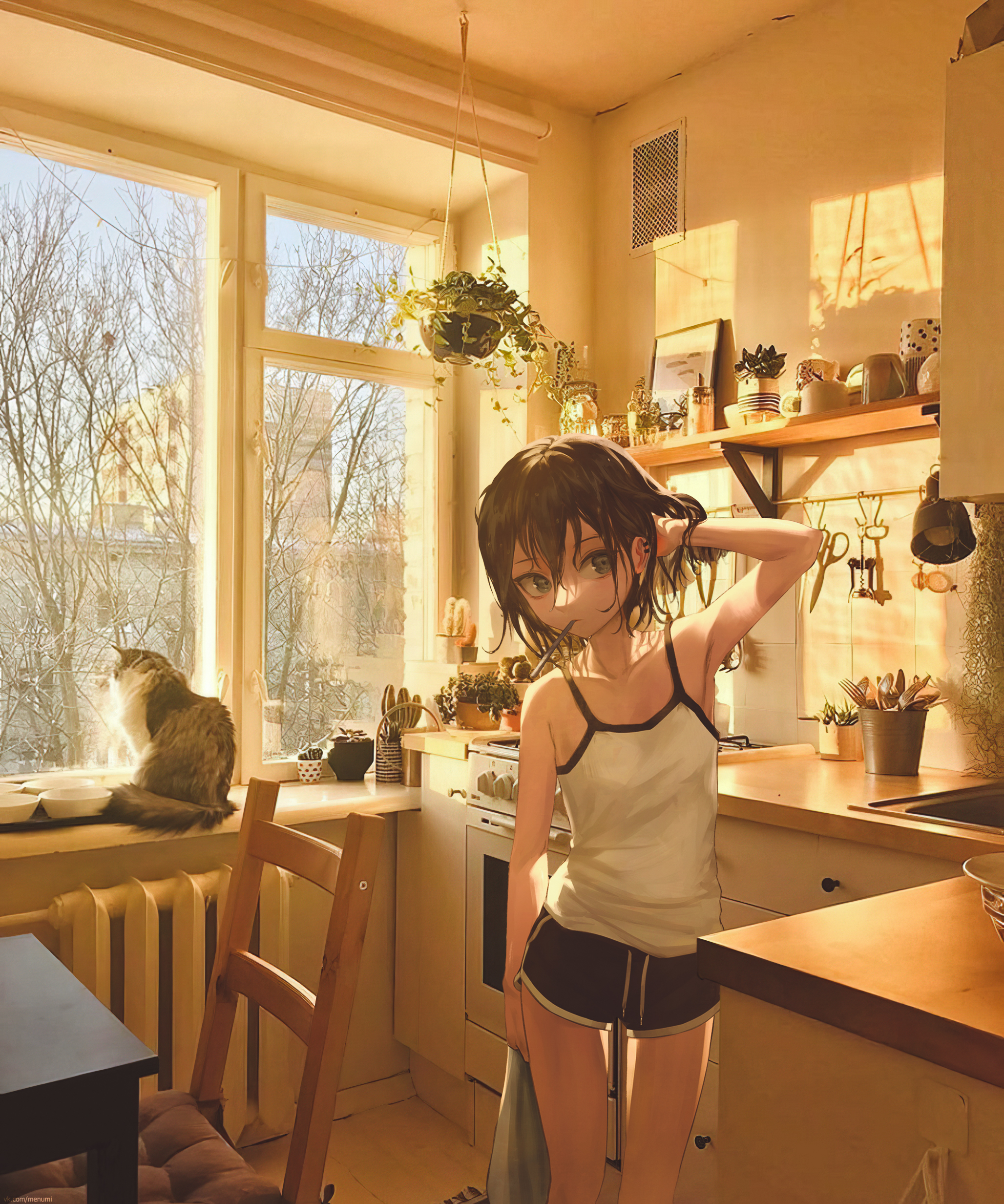 Anime 2056x2465 anime 2D kitchen animeirl anime girls cats standing