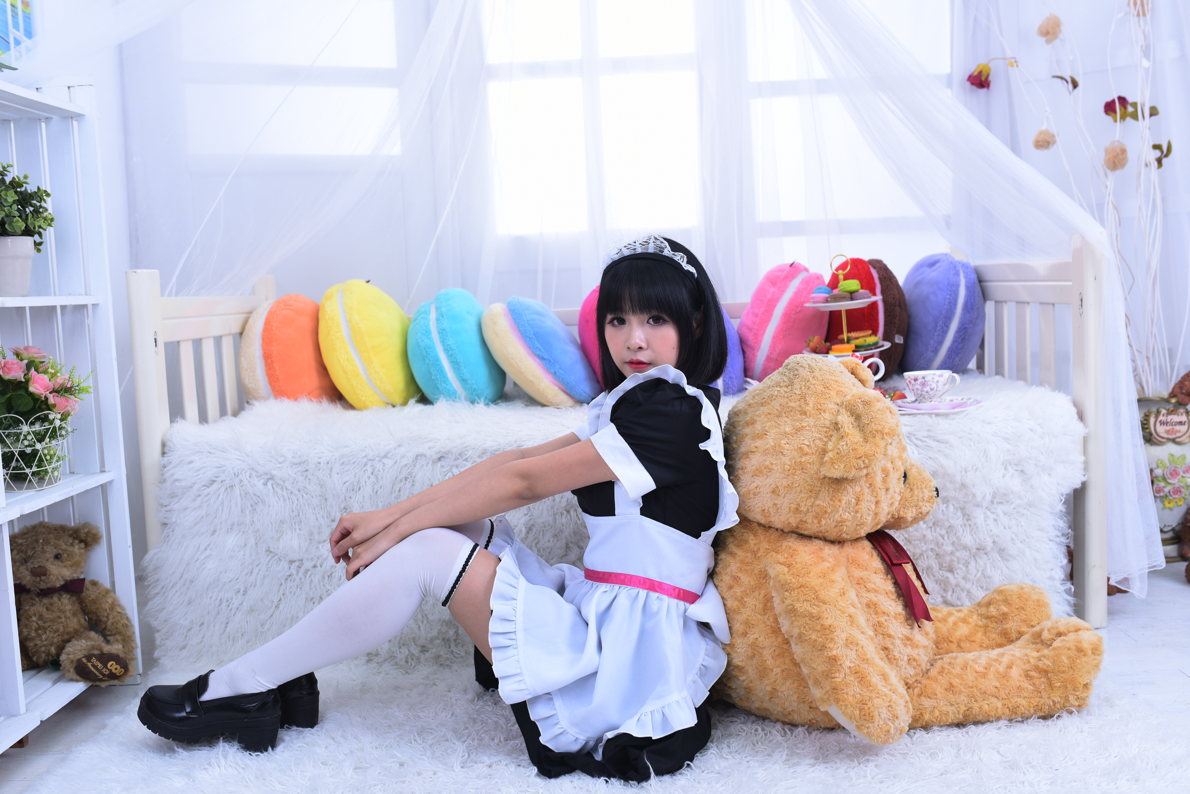 People 3840x2563 Asian model women short hair dark hair maid cosplay sitting flowerpot teddy bears flowers pillow carpet curtains