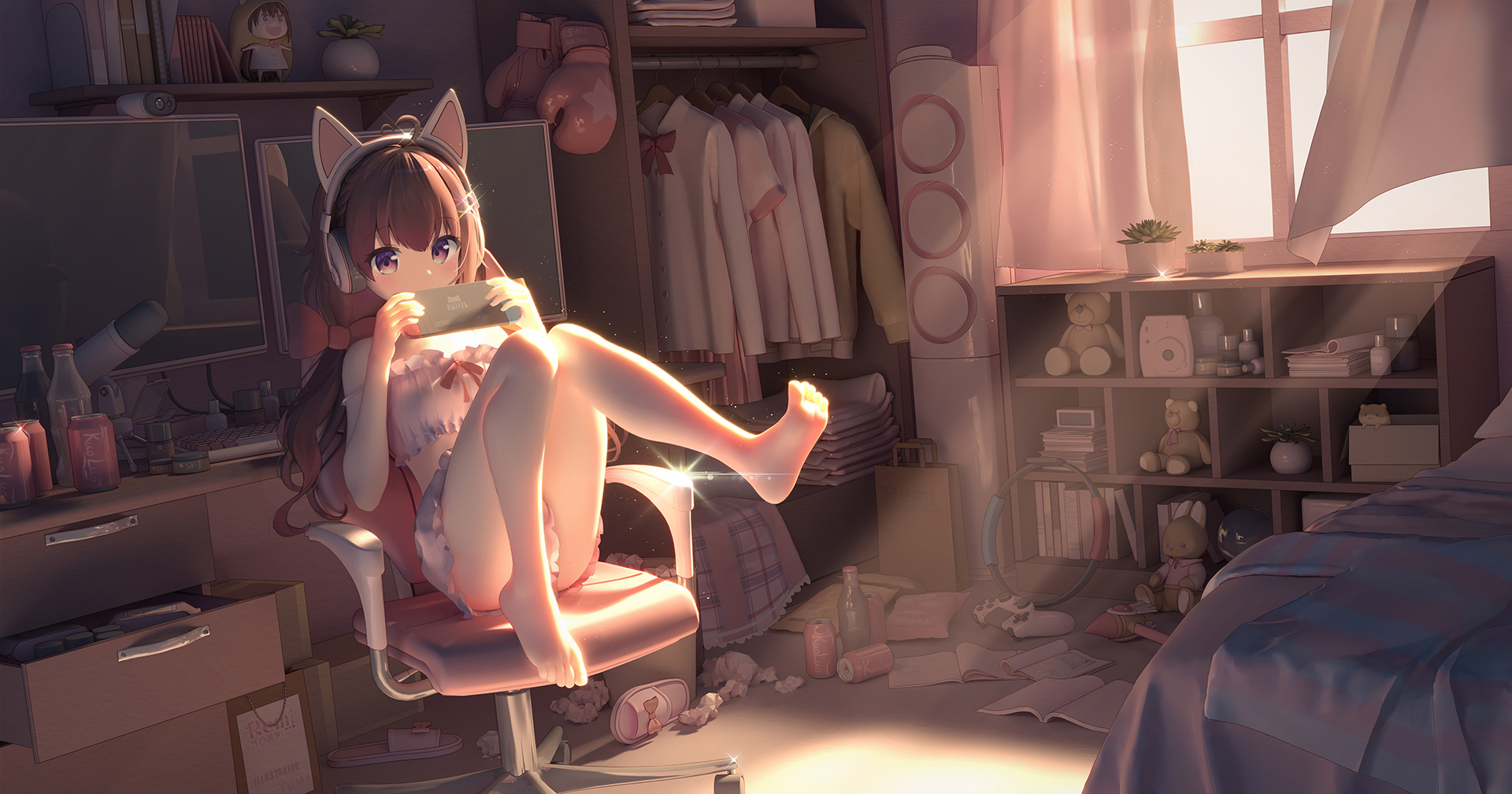 Anime 1920x1008 anime anime girls sitting looking at viewer indoors women indoors teddy bears sunlight window curtains bent legs Nintendo Switch headphones long hair hair ribbon monitor brunette purple eyes consoles microphone keyboards desk can bedroom sunset glow clothes sunset bed boxing gloves computer controllers cabinets thighs drink messy lingerie covering mouth armchair bag