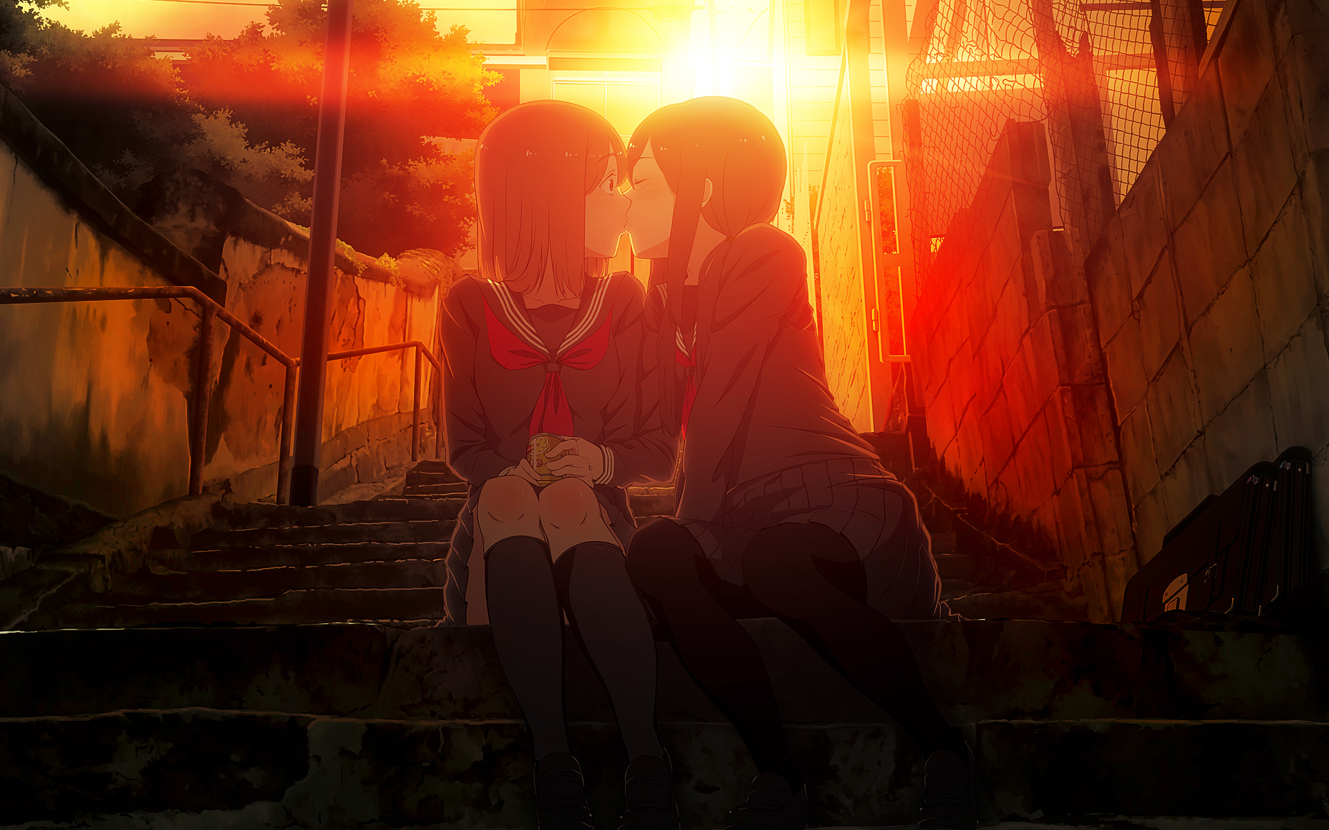 Anime 1920x1200 anime anime girls original characters school uniform kissing yuri artwork Bookiti sunset stairs
