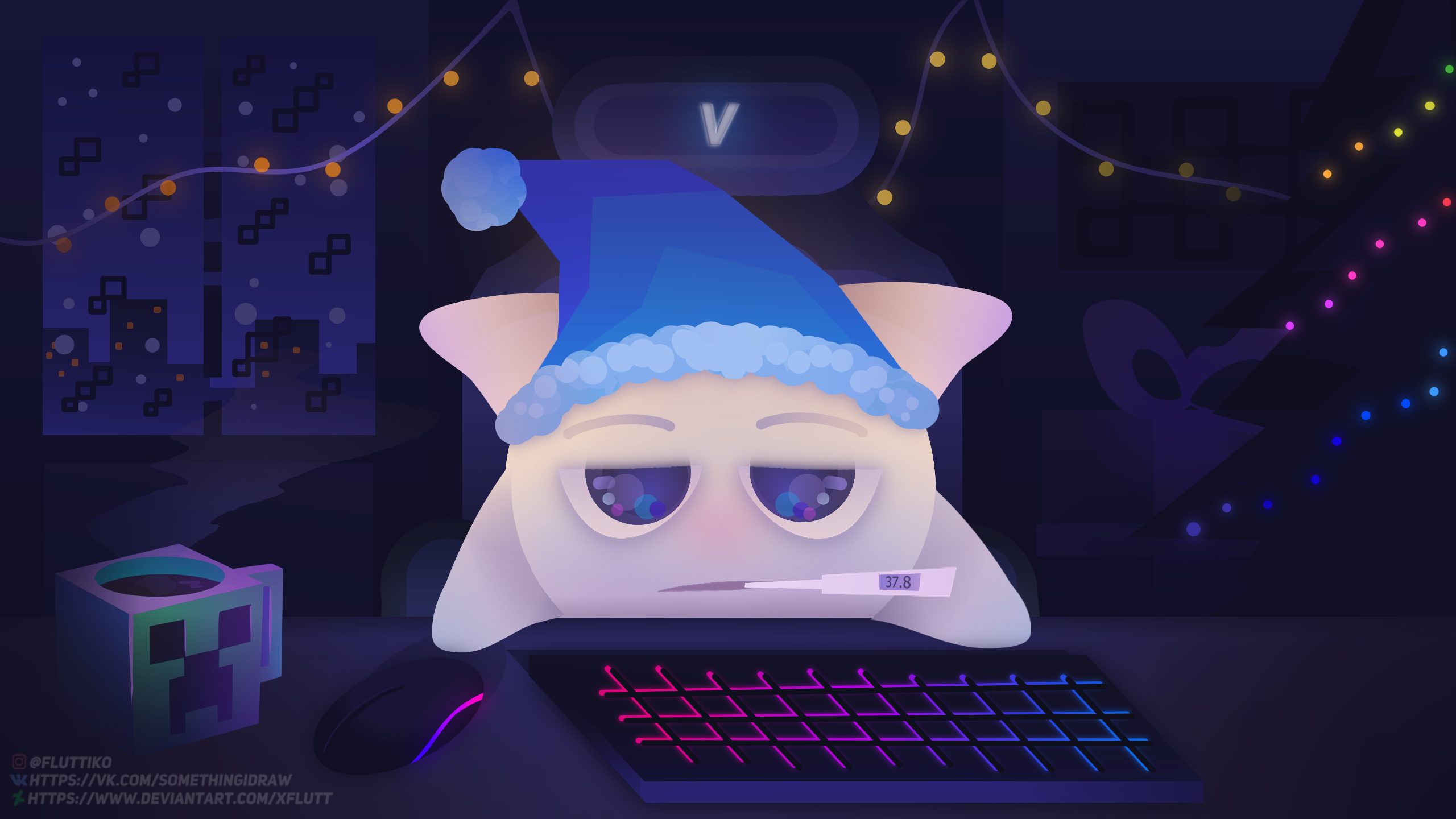 General 2560x1440 neon night hat mouse pad keyboards watermarked sleepy looking at viewer sitting lights thermometer digital art indoors