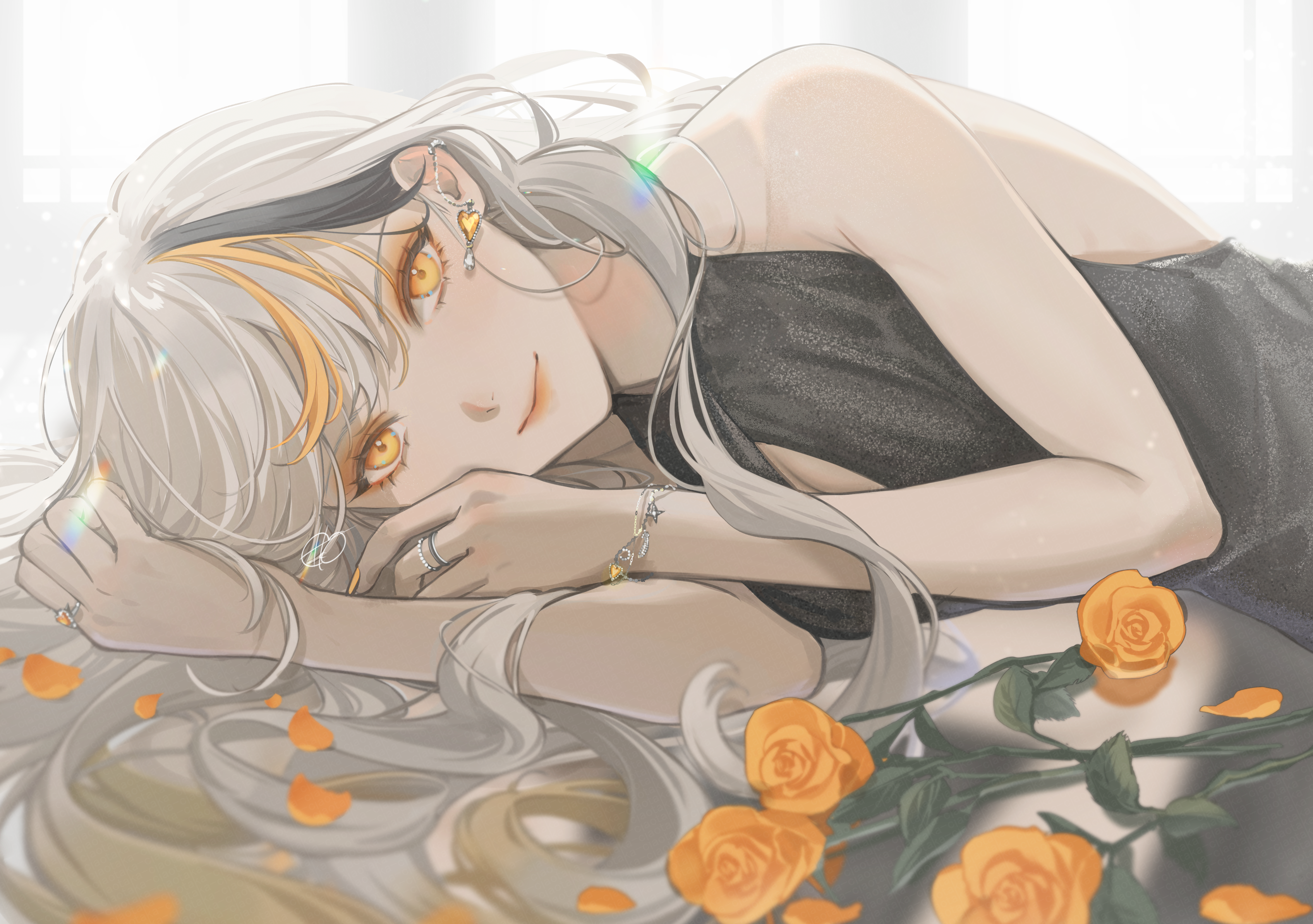 Anime 3391x2387 anime anime girls lying on side dress bare shoulders flowers gray hair orange eyes