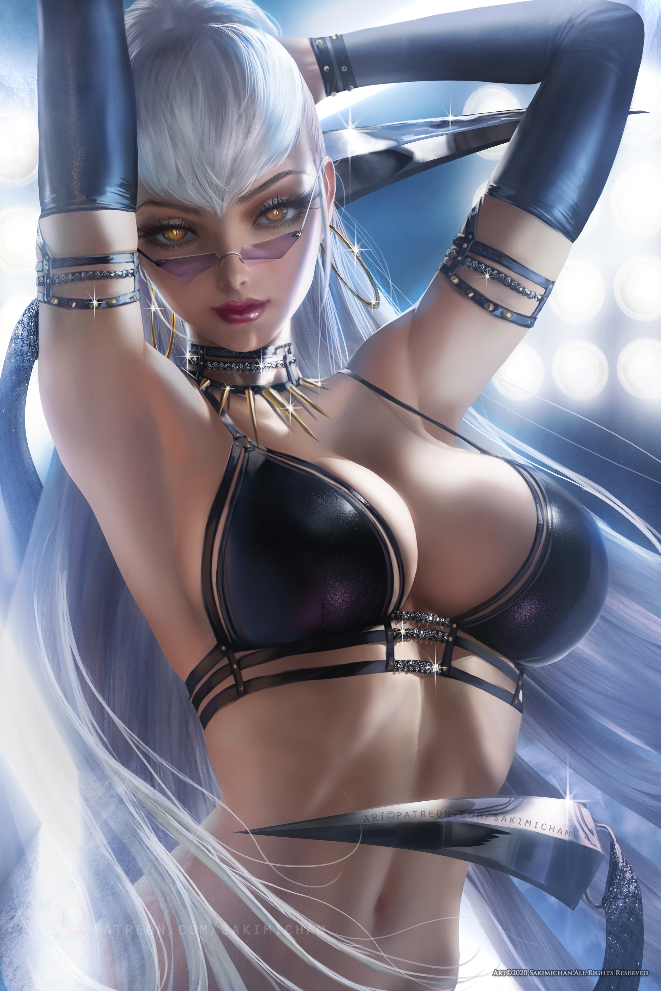 General 2533x3800 Evelynn (League of Legends) League of Legends K/DA video games video game girls silver hair glasses looking at viewer arm warmers underwear bra belly portrait display 2D illustration fan art drawing artwork Sakimichan arms up long hair white hair cleavage lingerie