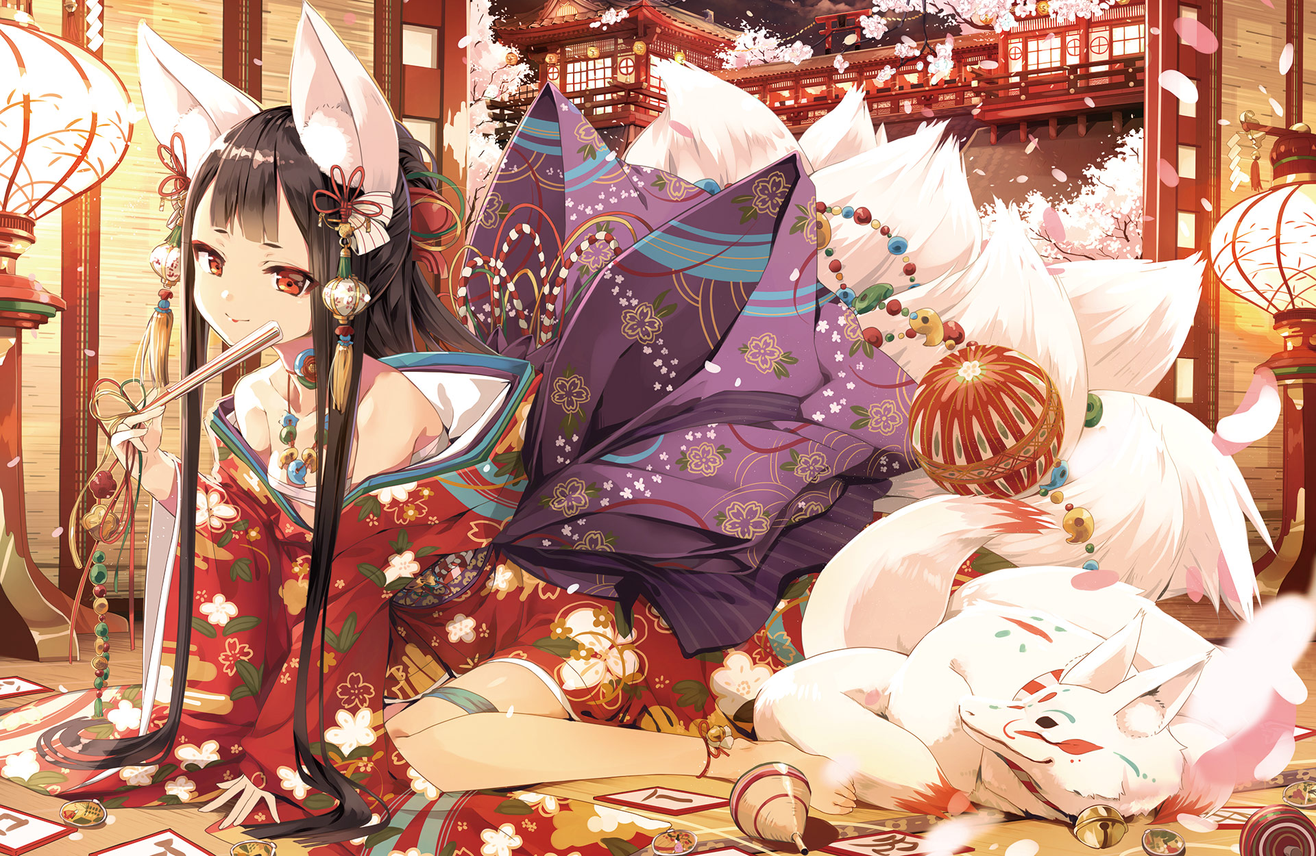 Anime 1920x1250 anime anime girls original characters artwork Cura fox girl fox Japanese clothes black hair red eyes sitting bare shoulders leaning