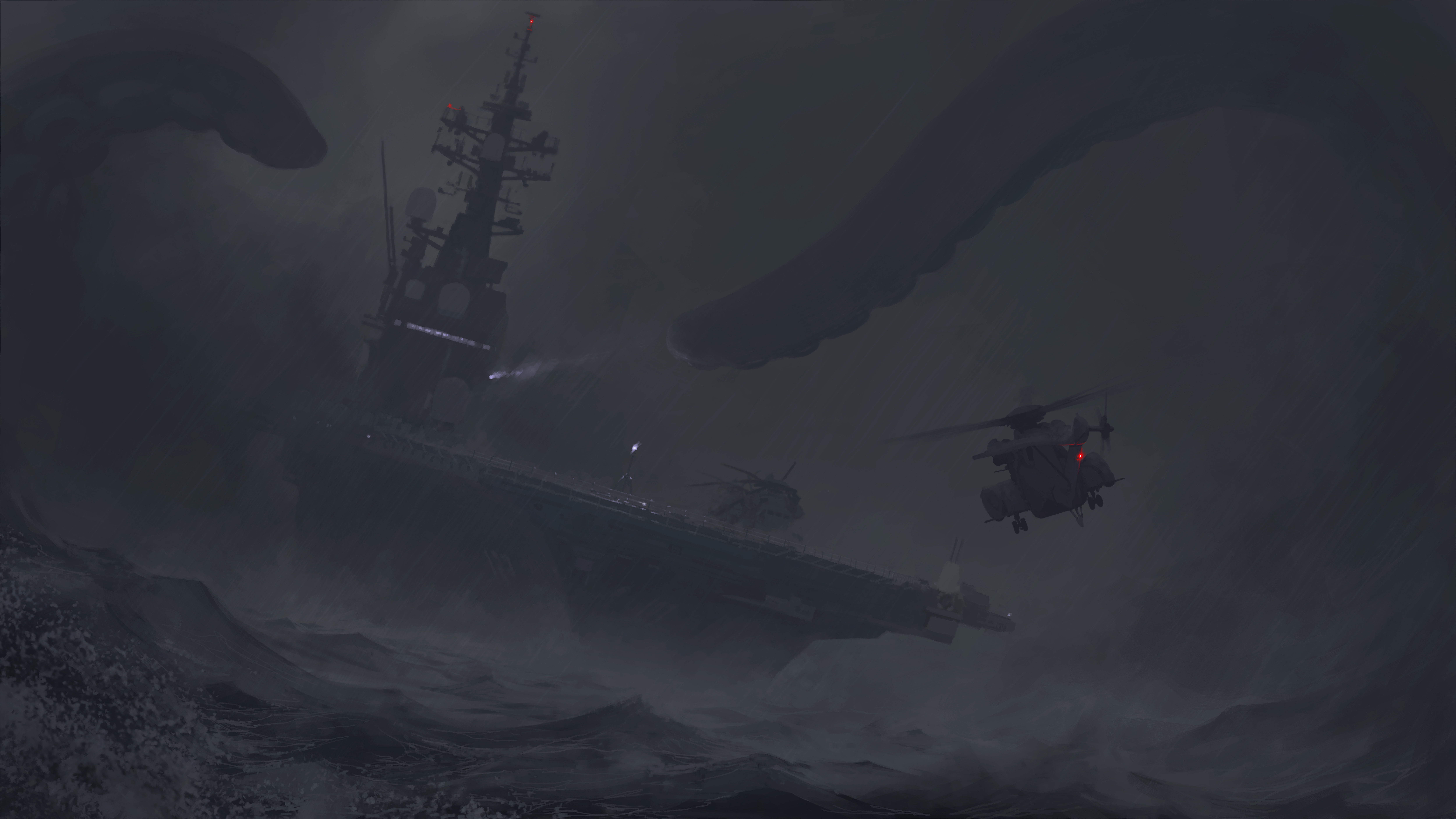 General 10000x5627 artwork digital art sea ship waves sea monsters tentacles dark helicopters storm aircraft carrier Alexey Andreev fantasy art