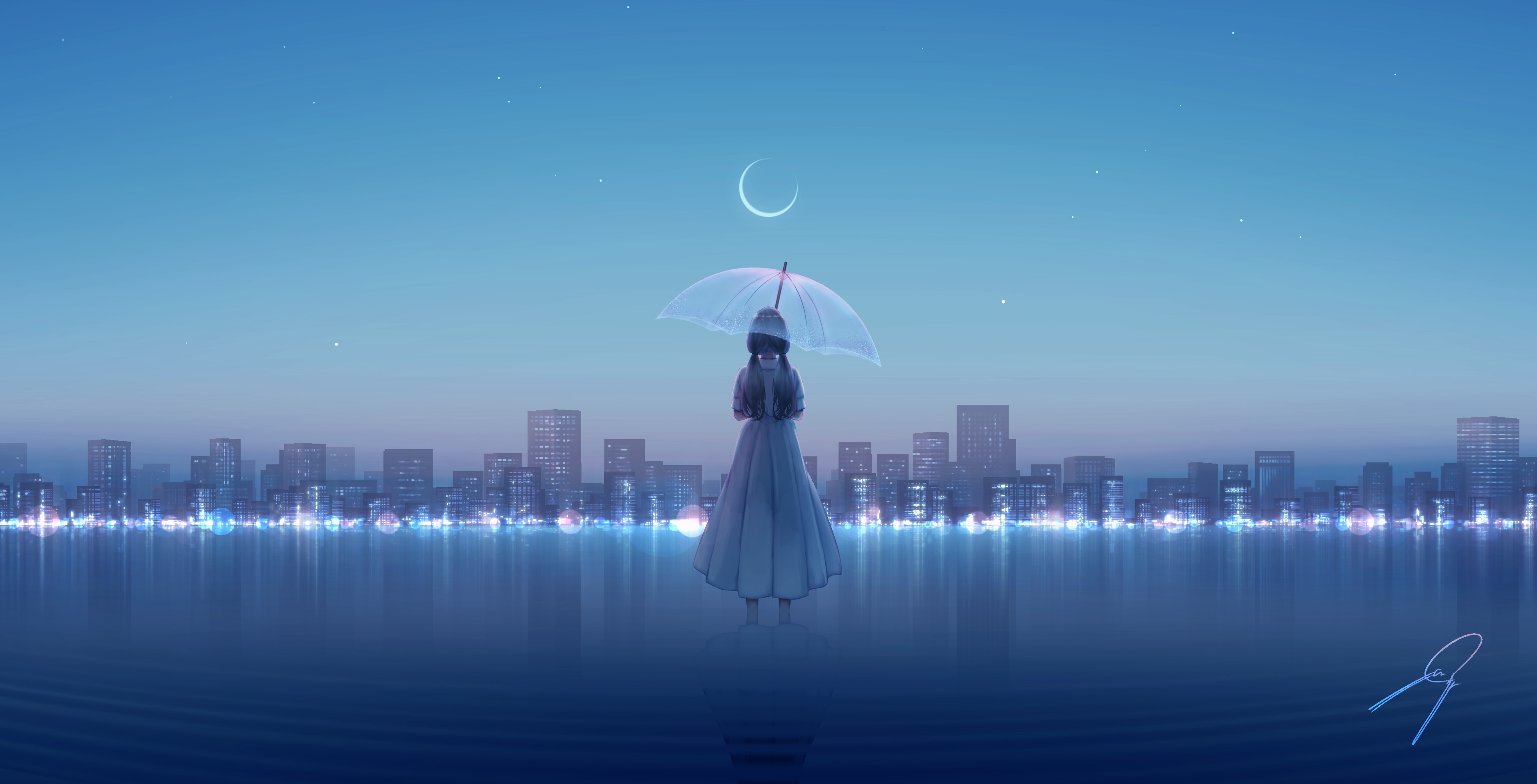 Anime 3840x1960 anime girls minimalism umbrella city Moon water building