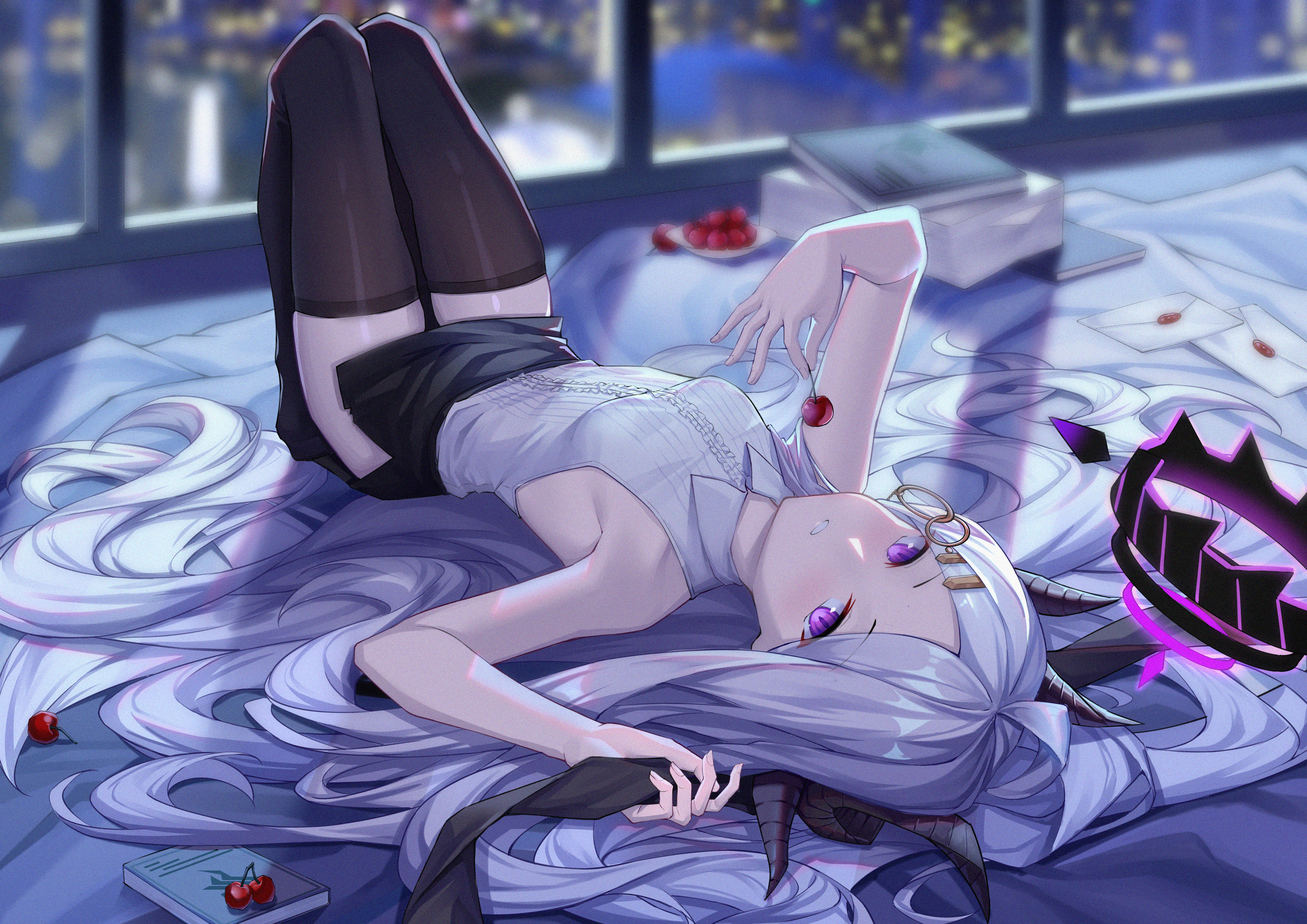 Anime 3000x2121 anime anime girls purple hair lying down stockings long hair cherries fruit food