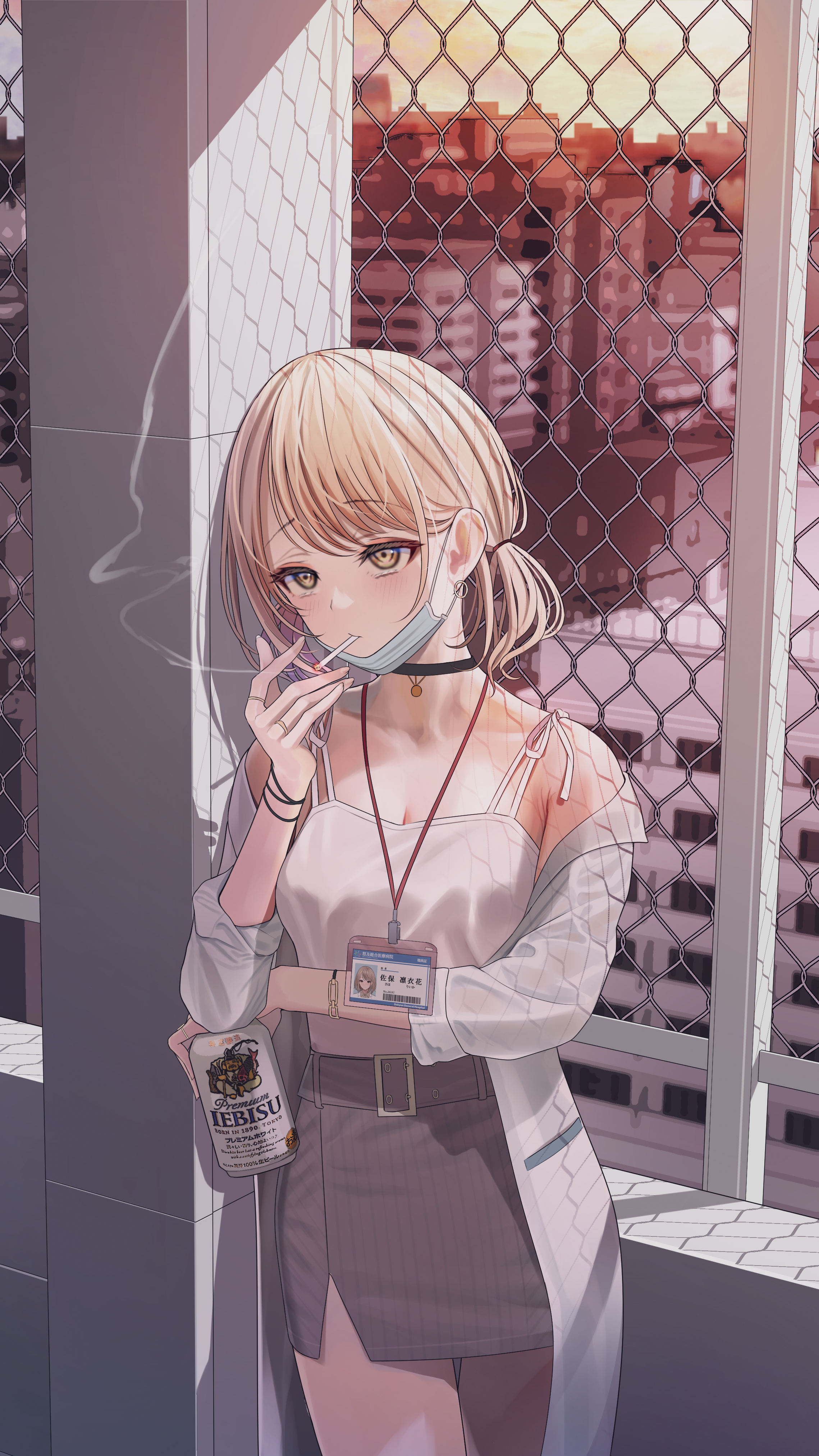 Anime 2278x4052 anime anime girls blonde yellow eyes smoking cigarettes mask beer