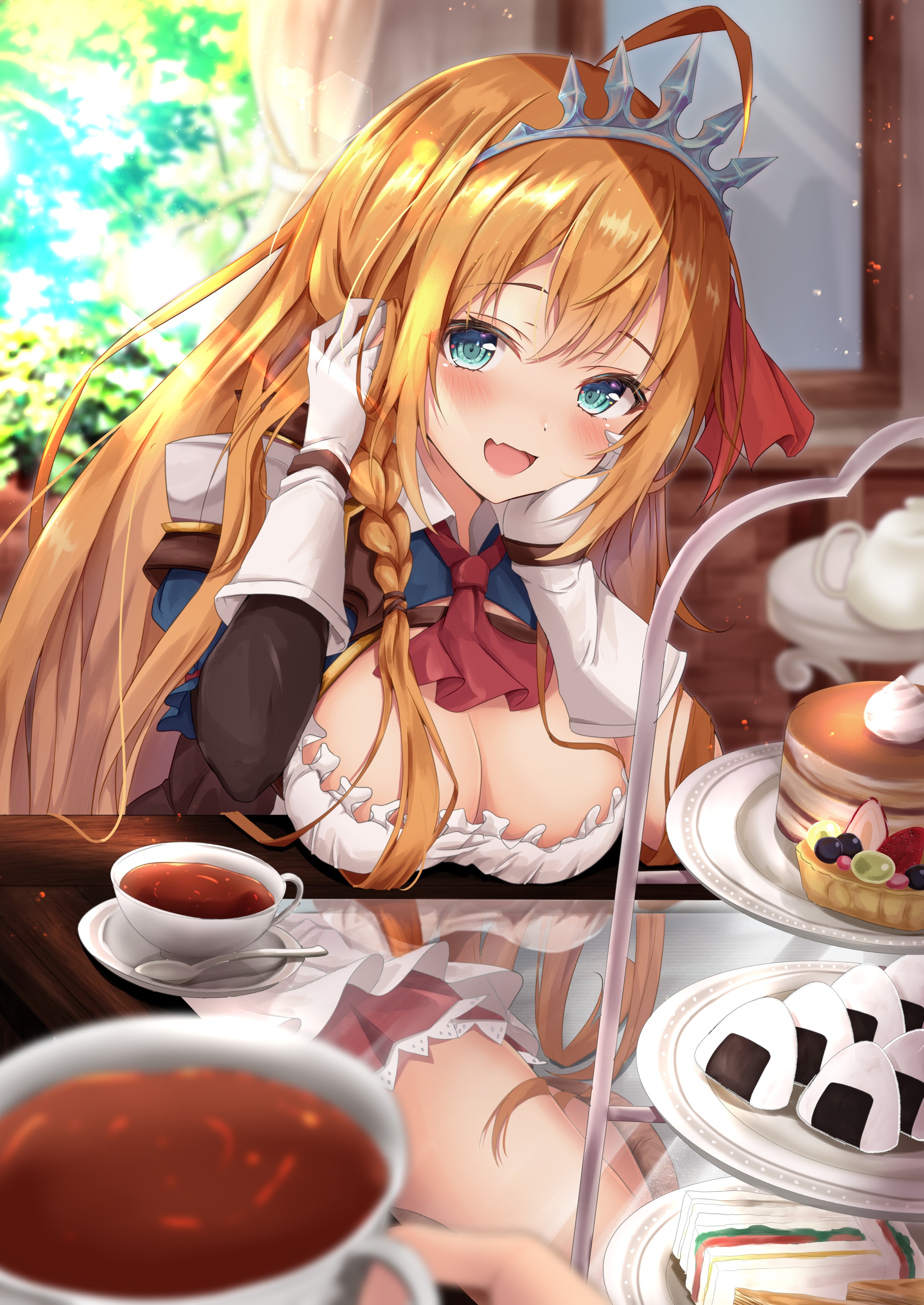 Anime 2478x3500 anime anime girls Princess Connect Re:Dive maid outfit blue eyes tea sweets rice balls food pancakes sandwiches reflection