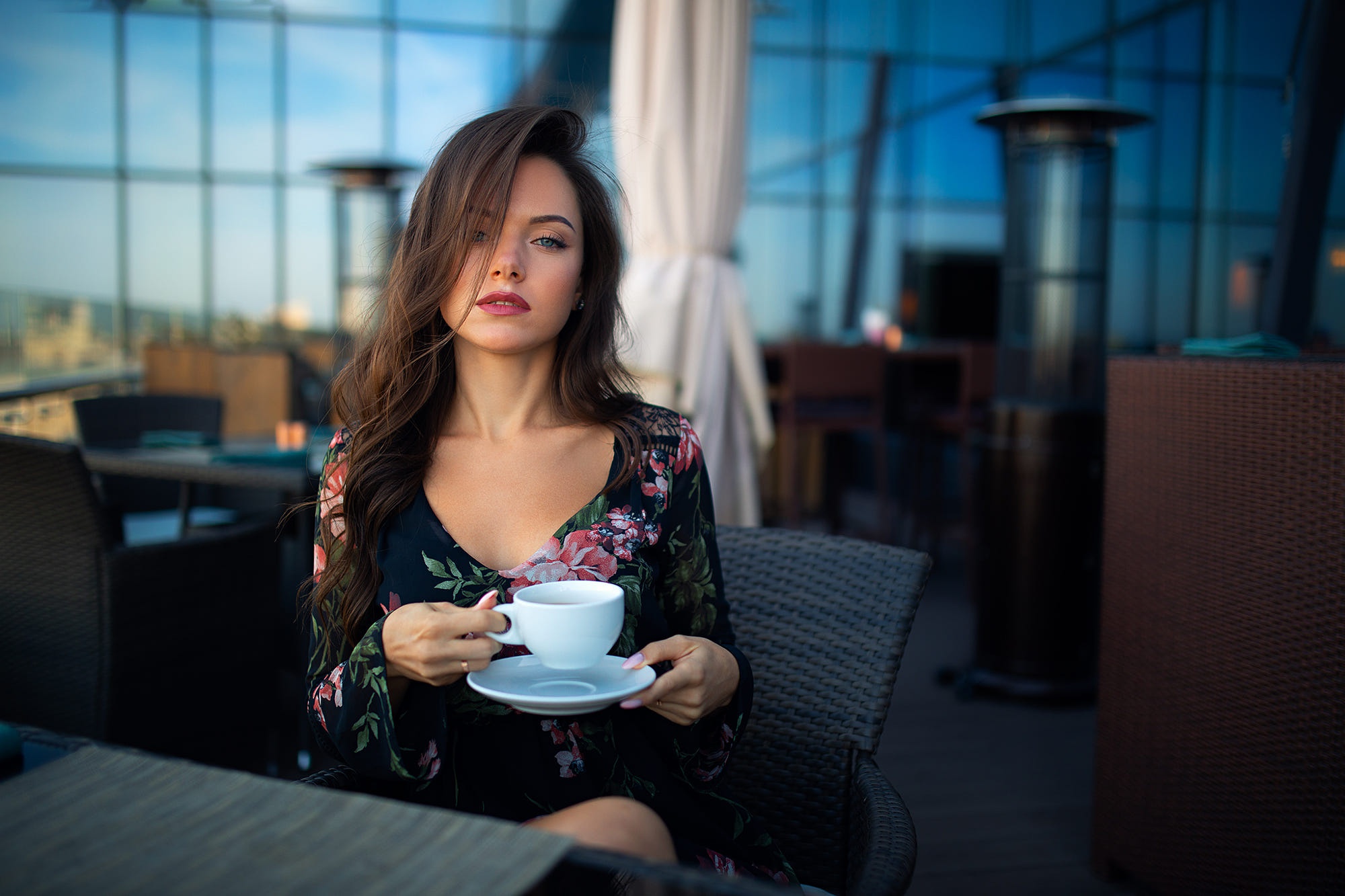 People 2000x1333 model women red lipstick black dress cup sitting blue eyes indoors Ekaterina Kononova cafeteria  hair in face