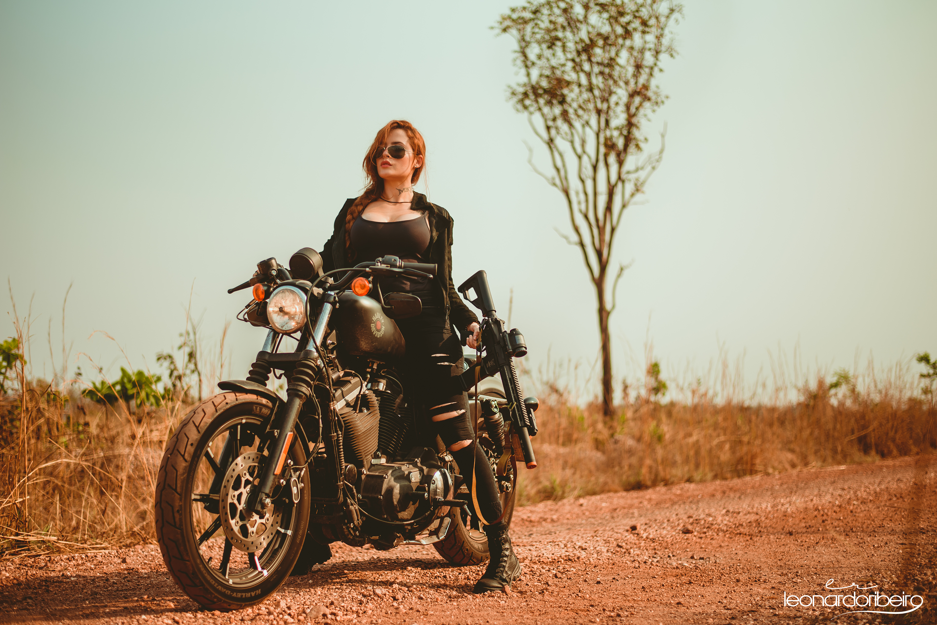 People 3840x2563 Leonardo Ribeiro women model redhead black clothing jeans torn jeans weapon motorcycle women with motorcycles women outdoors Iron 883 Harley-Davidson