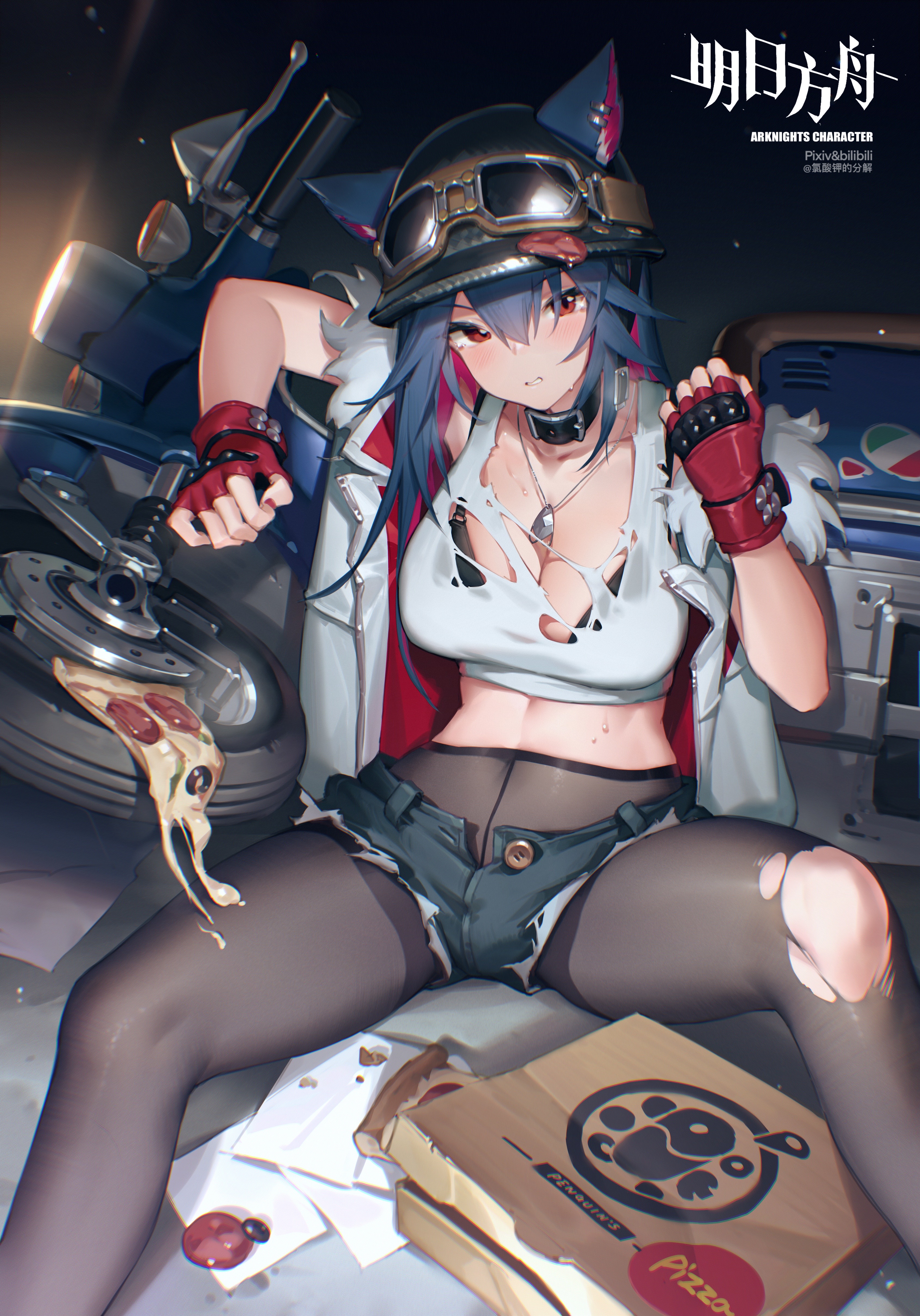 Anime 3380x4830 BKclo3 anime girls illustration video game characters fan art big boobs cleavage thighs Arknights Texas (Arknights) animal ears gloves driving gloves motorbike helmet choker torn clothes short shorts torn pantyhose motorcycle sitting blue hair red eyes looking at viewer pizza blushing fingerless gloves