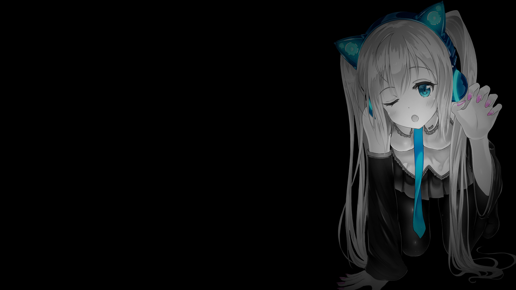 Anime 2112x1188 black background dark background simple background selective coloring anime girls Vocaloid Hatsune Miku