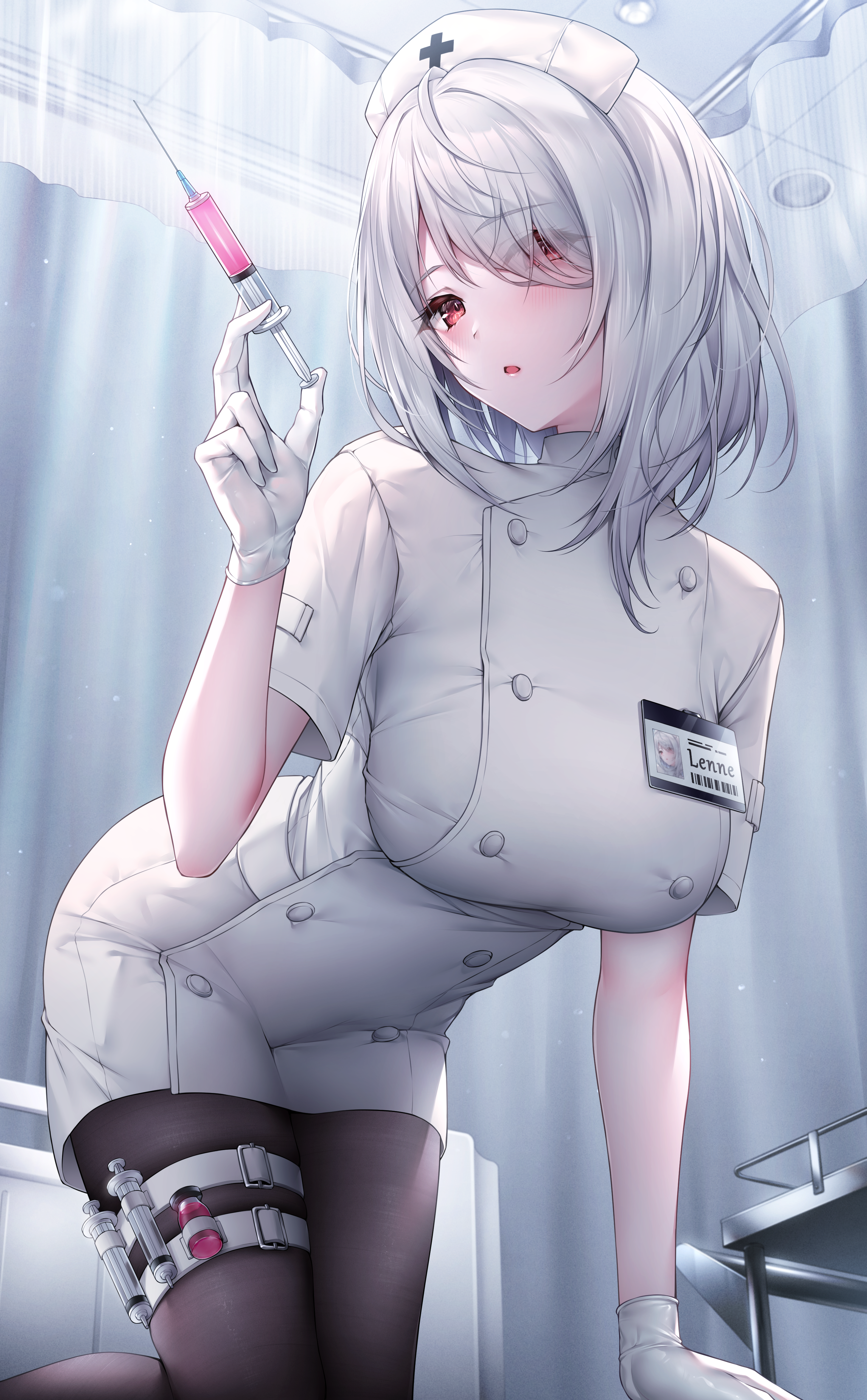 Anime 2910x4700 anime anime girls nurses silver hair Oyuwari nurse outfit big boobs pantyhose needles red eyes