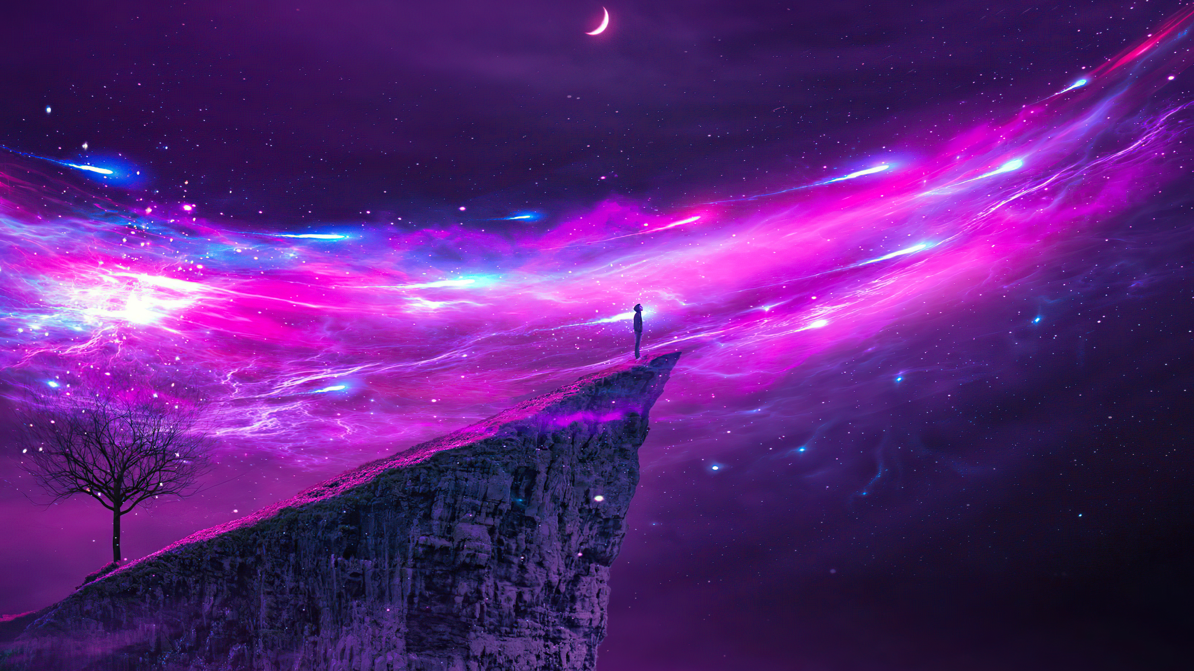 General 3840x2160 illustration artwork digital art landscape cliff space purple sky trees Moon night