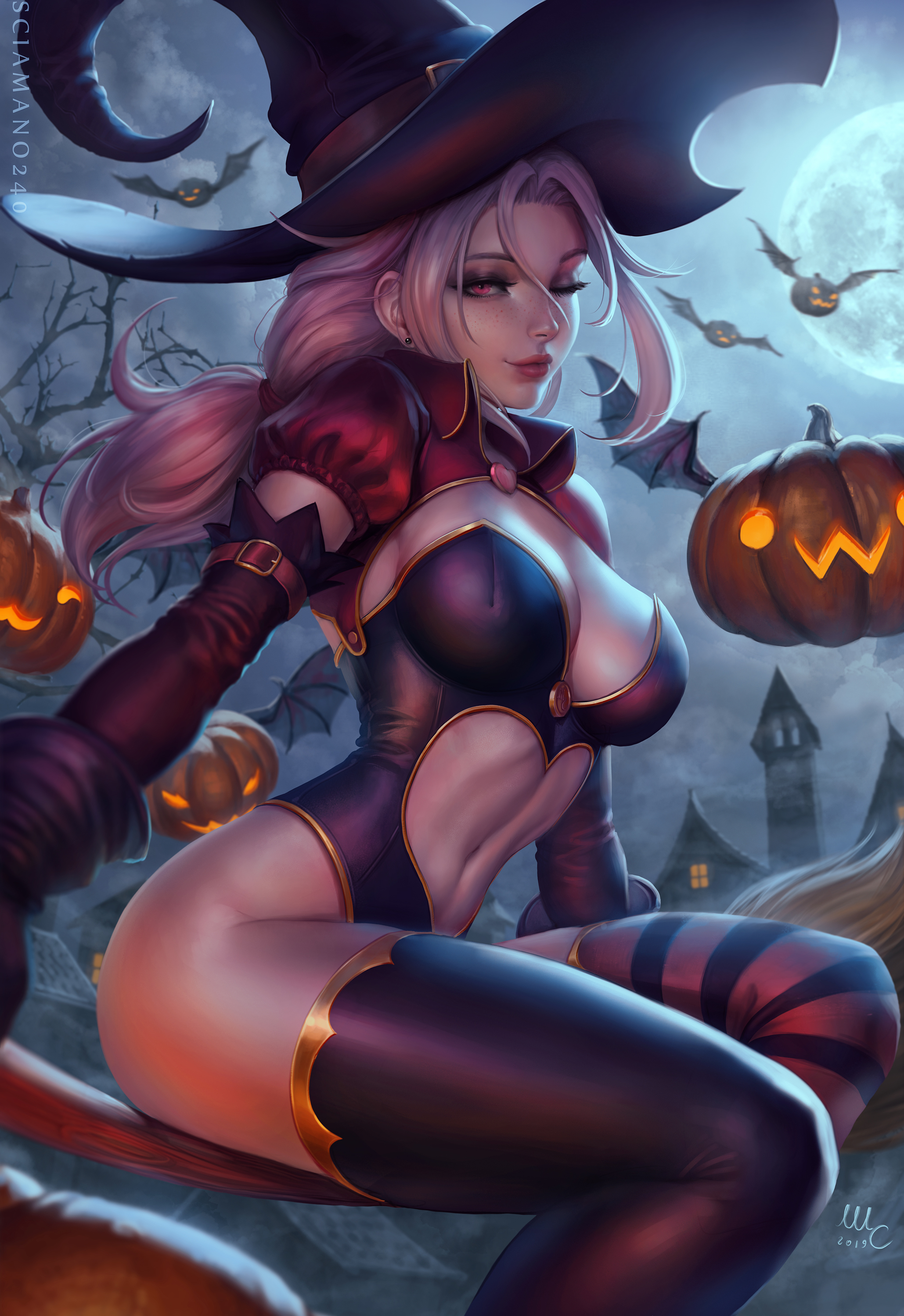 General 2059x3000 Mirco Cabbia women pink hair original characters Chloe (Sciamano240) stockings drawing hat witch wink cleavage thighs pink eyes smiling halloween costume bodysuit looking at viewer thigh-highs digital art