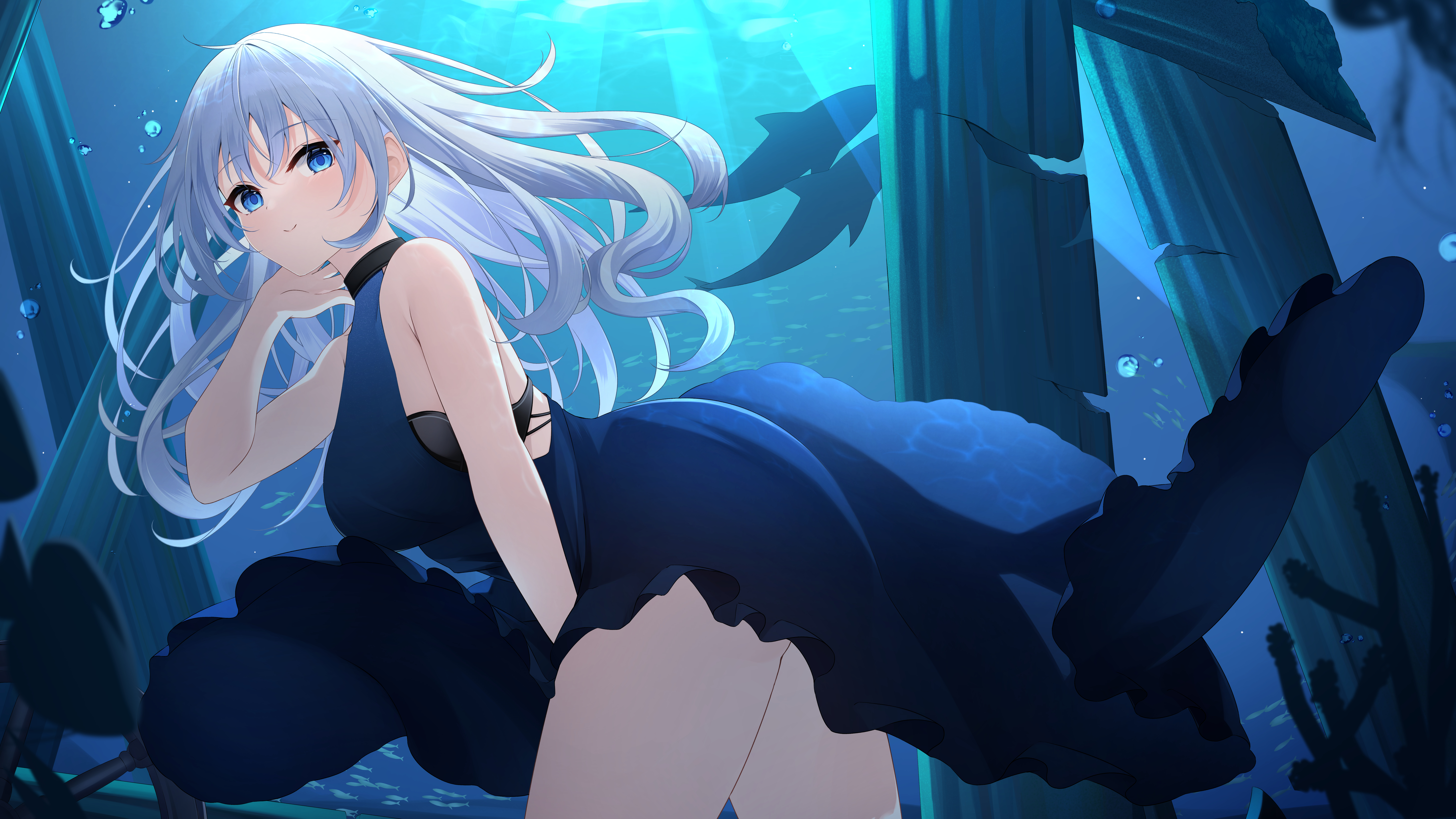 Anime 8000x4500 anime anime girls dress in water underwater white hair blue eyes