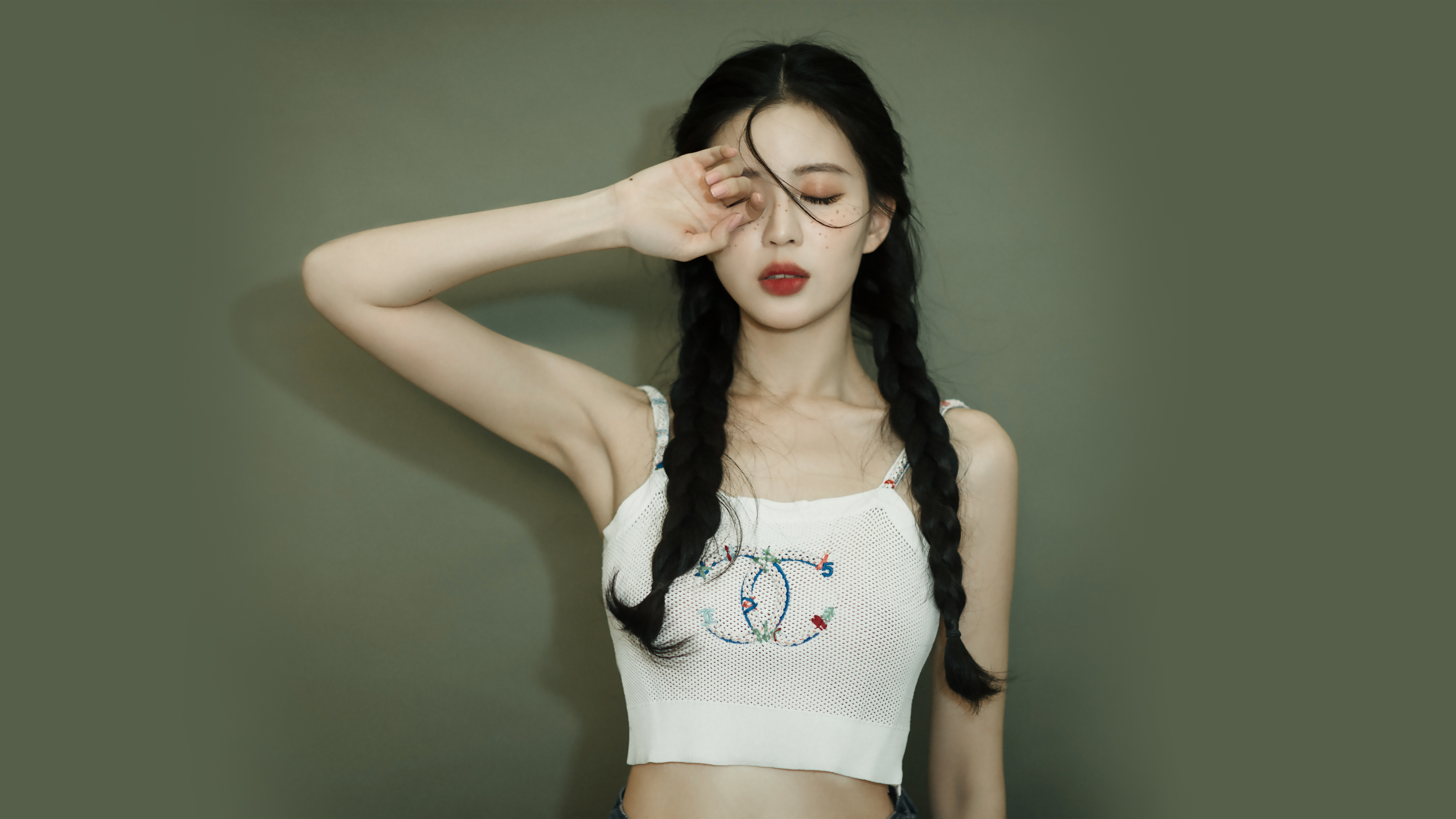 People 3840x2160 Asian women closed eyes photography Chanel twintails simple background braids armpits parted lips freckles
