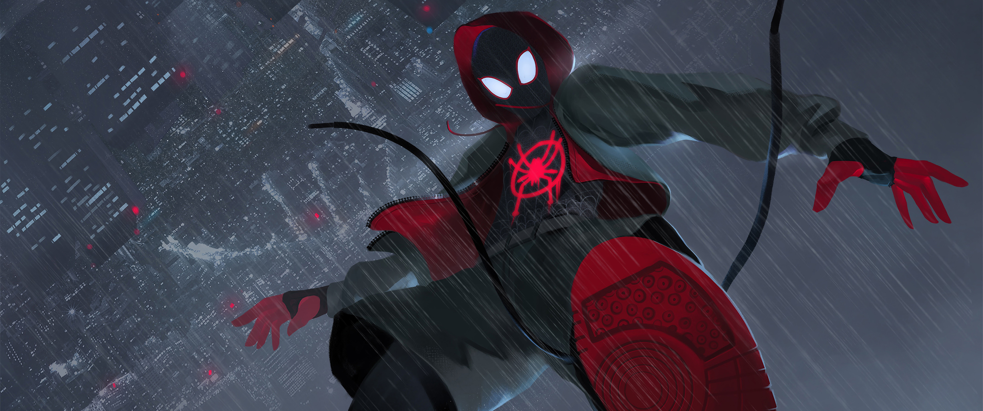 General 3440x1440 Spider-Man animated movies rain superhero Miles Morales Spider-Man: Into the Spider-Verse digital art ultrawide shoe sole looking at viewer hoods upside down city jacket shorts