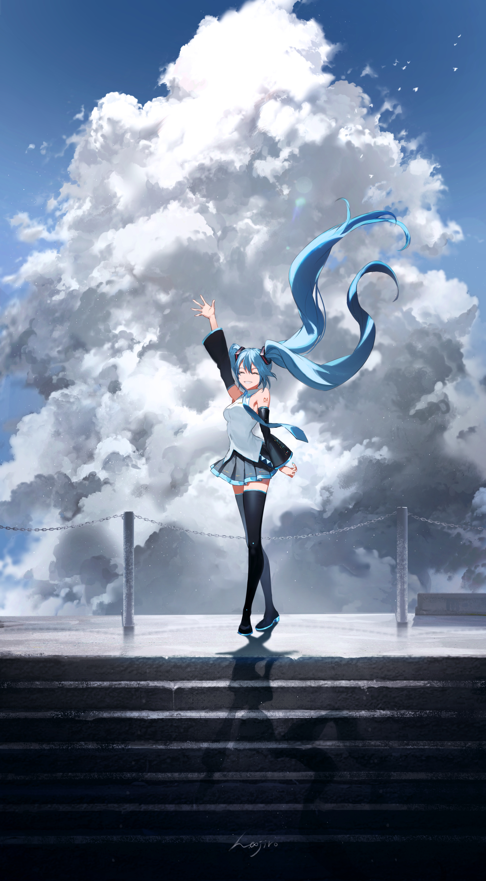 Anime 1589x2879 anime anime girls Hoojiro Vocaloid Hatsune Miku smiling twintails blue hair sky clouds