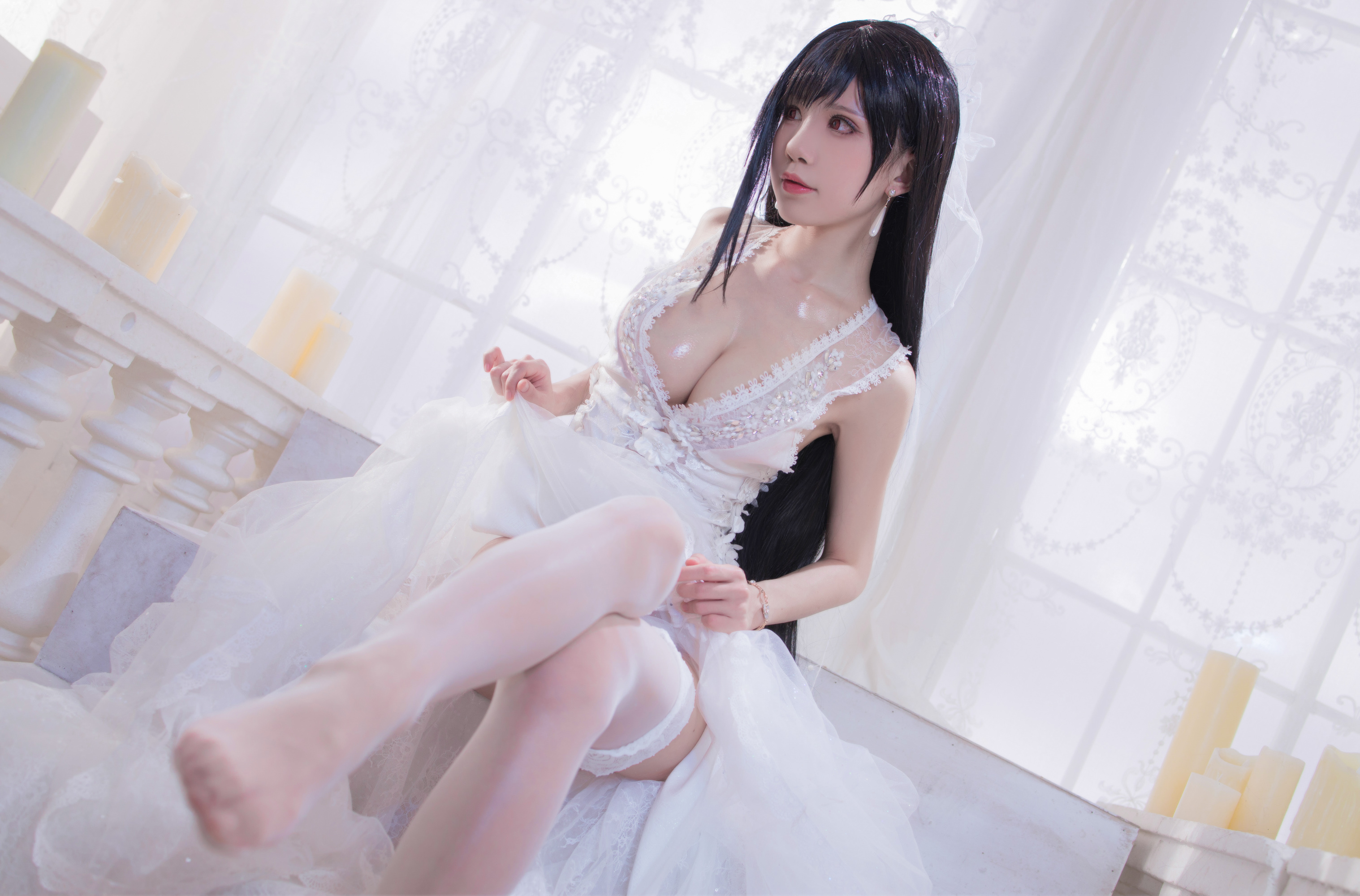 People 3035x2000 women model Asian cosplay Shuimiaoaqua Chinese model Chinese Final Fantasy VII Final Fantasy VII: Remake Tifa Lockhart cleavage women indoors black hair dark hair stockings body oil pointed toes Chinese women feet