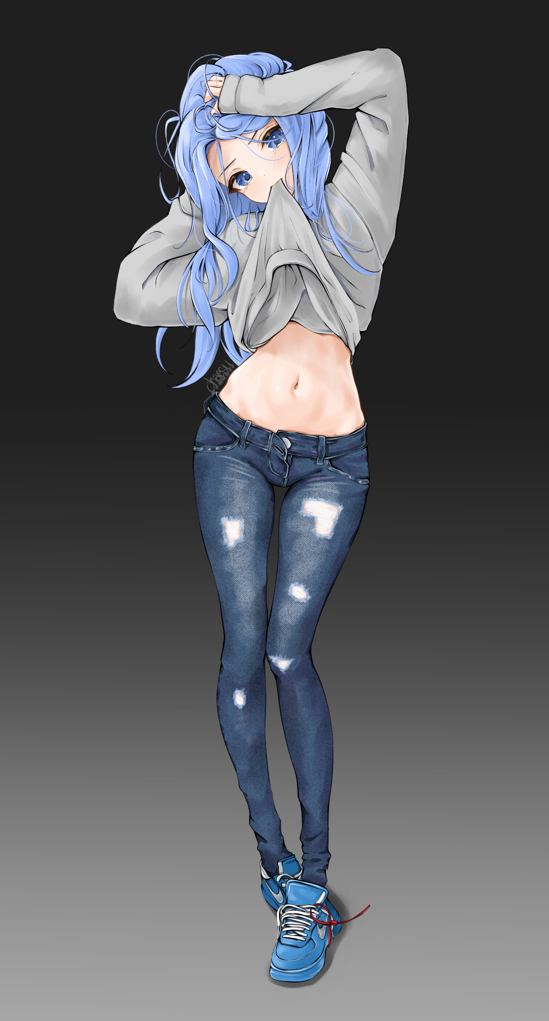 Anime 1076x2000 anime anime girls digital art artwork 2D portrait display Chaesu blue hair jeans legs shoes