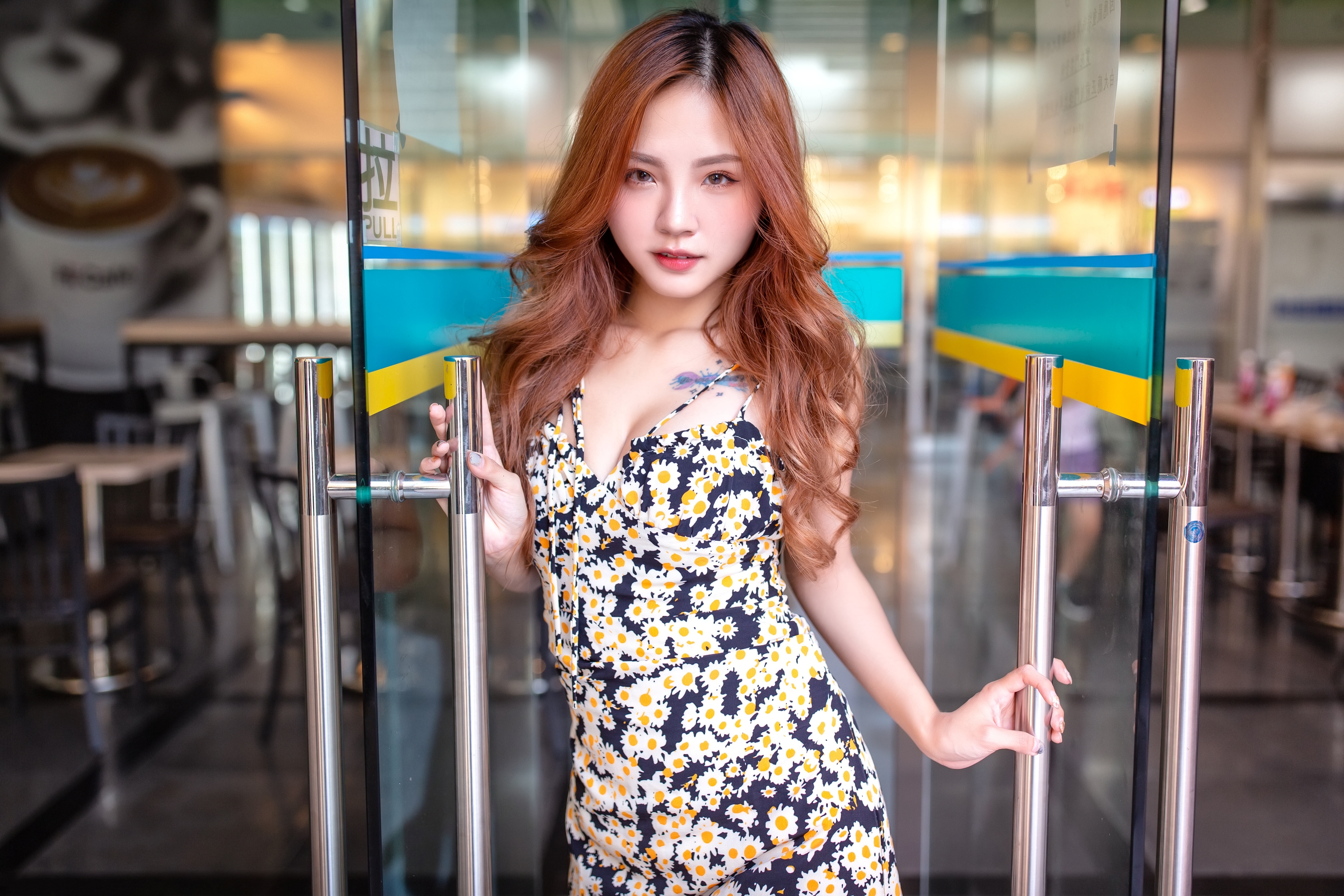 People 3840x2560 Albee women model brunette looking at viewer long hair parted lips cleavage depth of field dress frontal view portrait open door glass restaurant outdoors women outdoors tattoo Asian