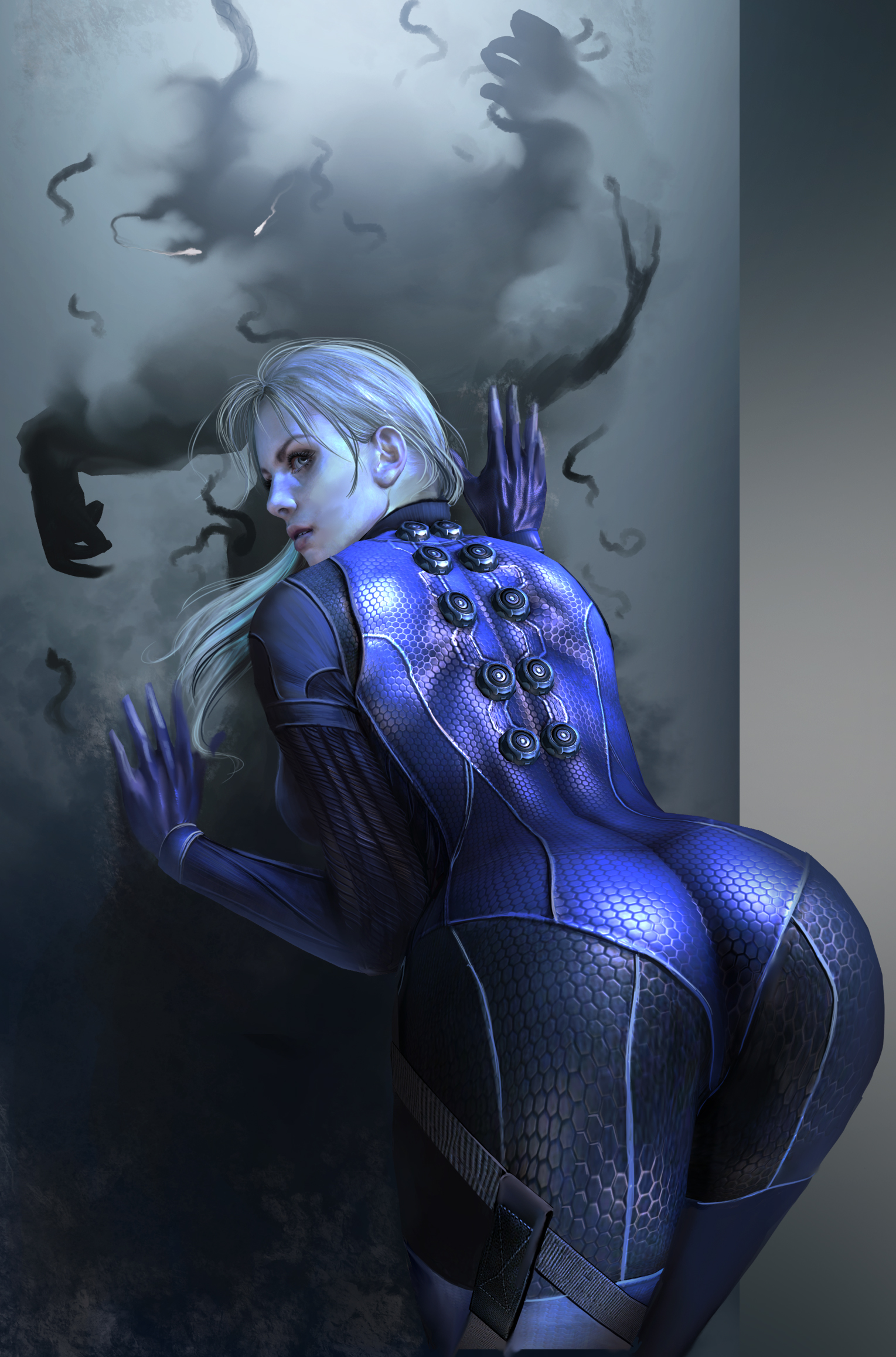 General 1529x2316 Resident Evil women Resident Evil 5 anime girls rear view bent over ass bodysuit blue bodysuit