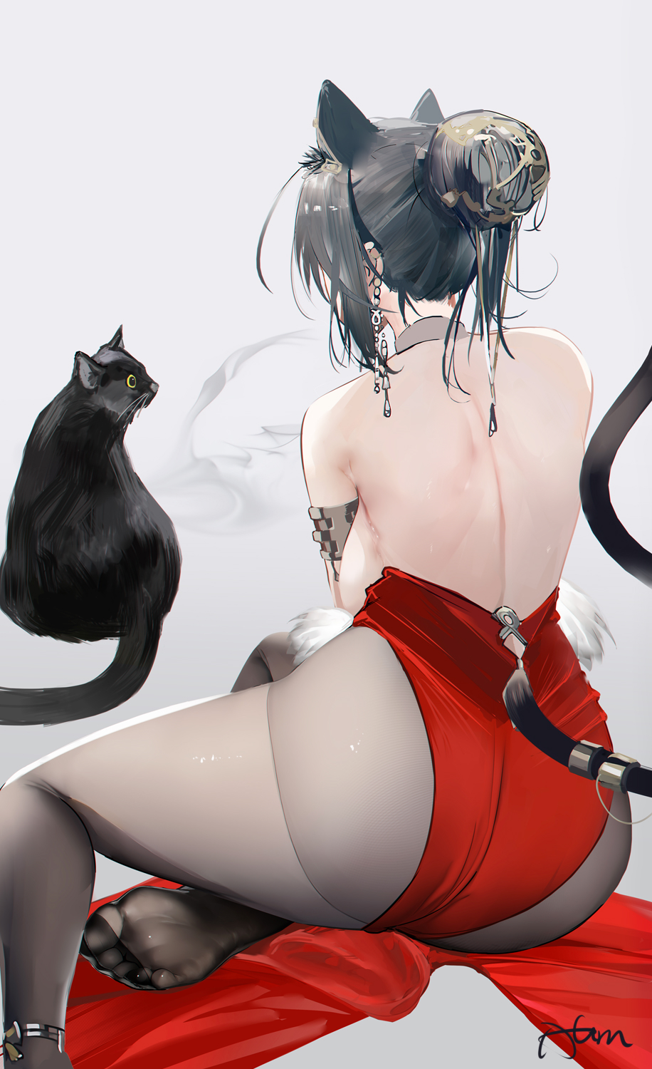 Anime 916x1500 Arknights Schwarz(Arknights) Omone Hokoma Agm anime girls pantyhose sideboob topless cat girl cats