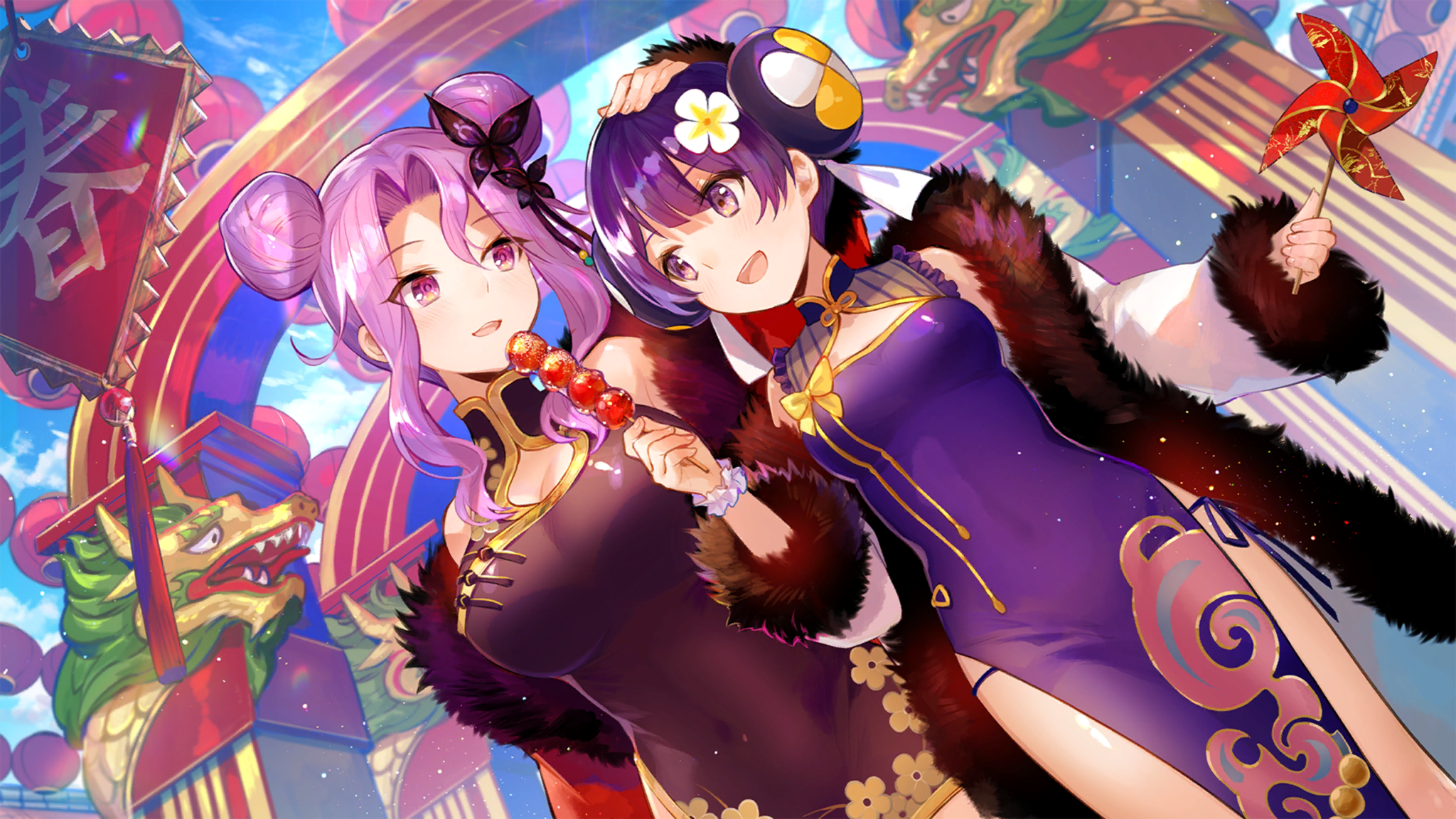 Anime 2048x1152 Chinese dress anime girls girl cafe gun artwork Fuji Choko purple hair