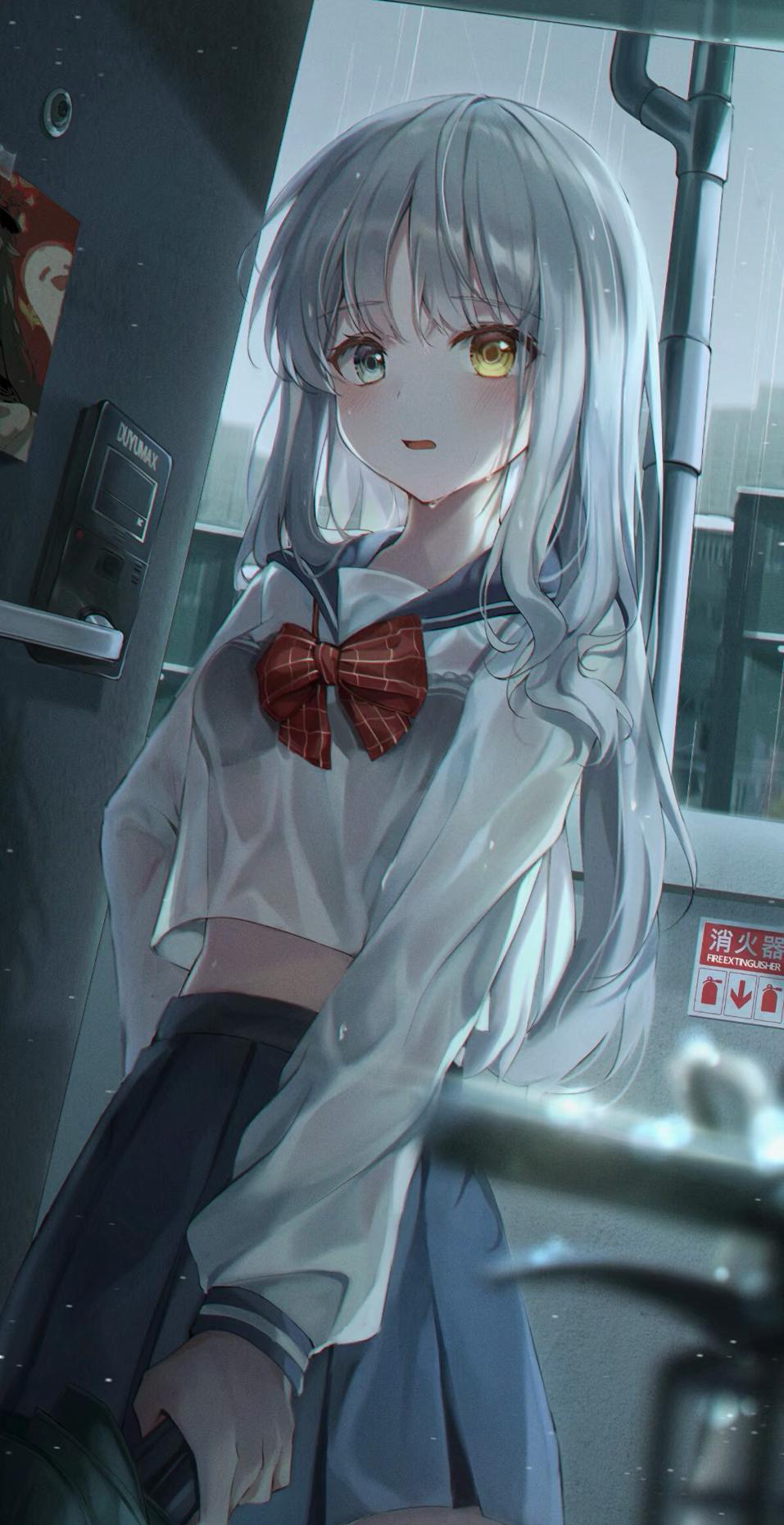Anime 957x1861 anime anime girls SOLCHA artwork silver hair heterochromia school uniform wet schoolgirl portrait display
