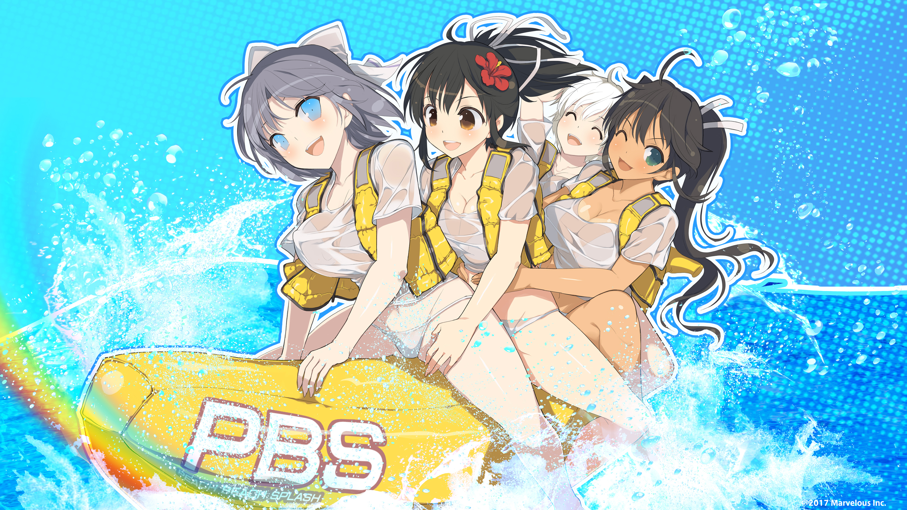 Anime 3000x1688 Senran Kagura wet clothing water big boobs bikini Asuka (Senran Kagura) Homura (Senran Kagura) Miyabi (Senran Kagura) Yumi (Senran Kagura) anime girls artwork Yaegashi Nan group of women