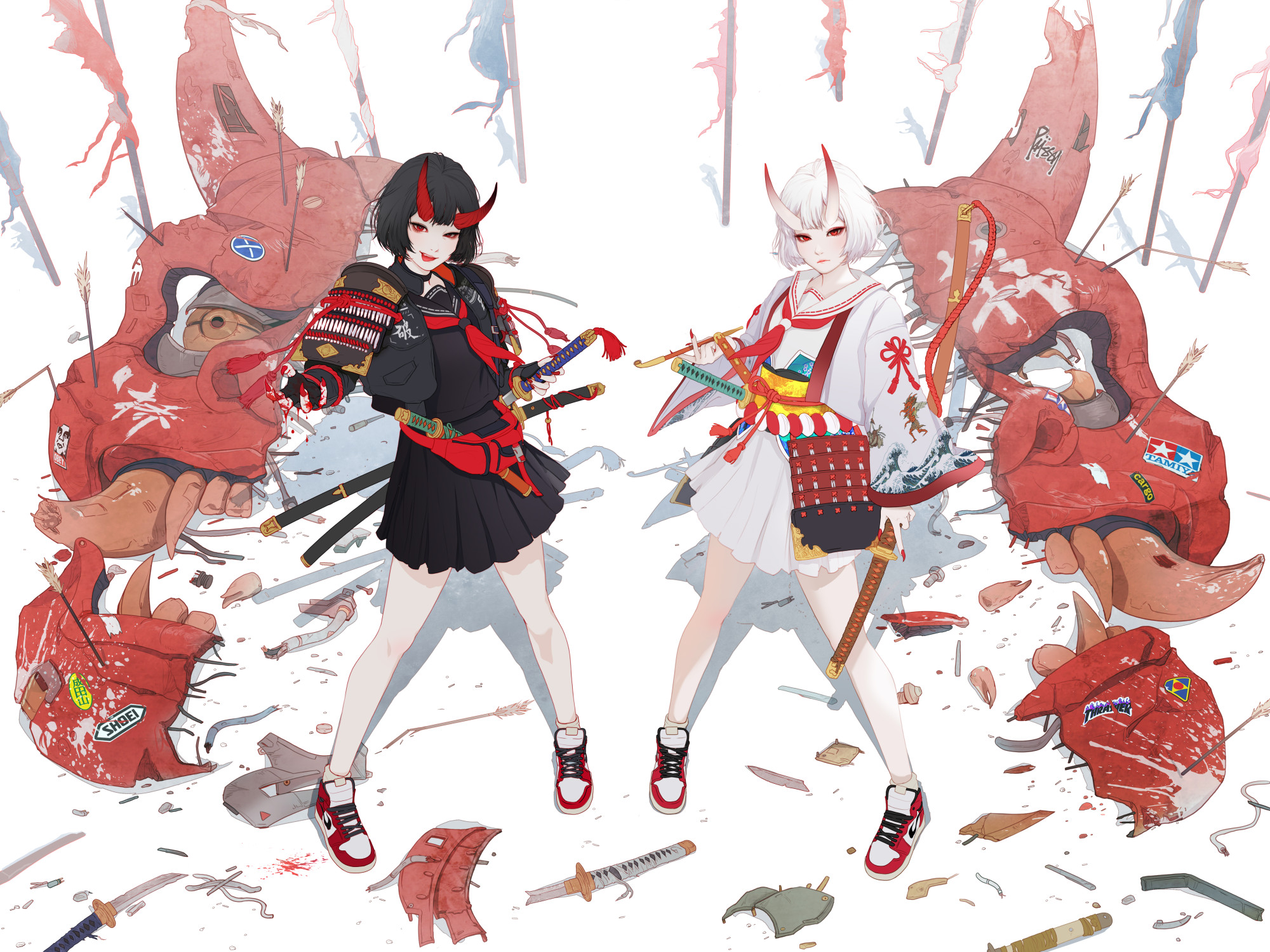 Anime 2000x1500 Park JunKyu anime girls anime demon girls horns sword women with swords