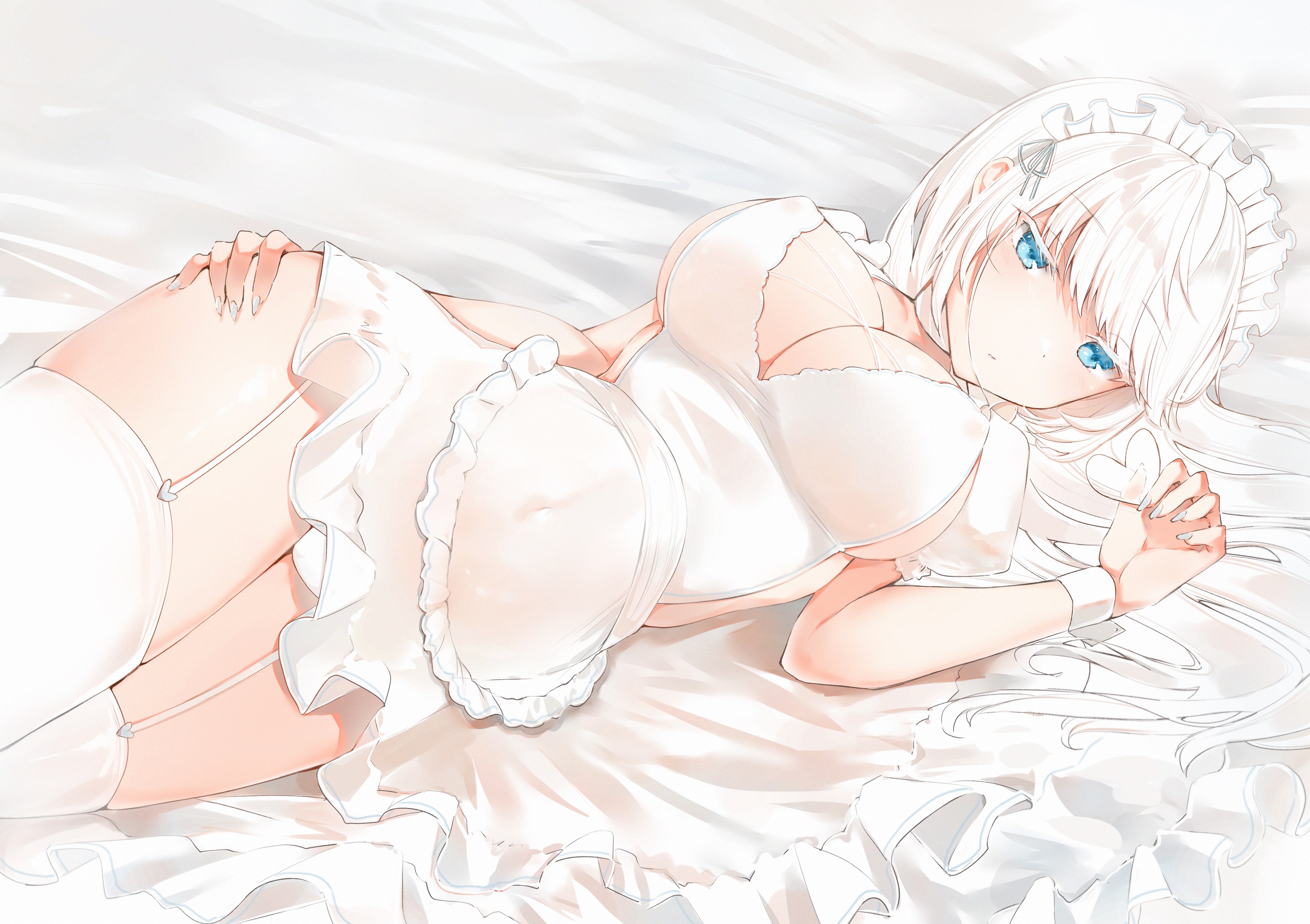 Anime 4299x3035 anime anime girls big boobs cleavage in bed maid outfit thigh-highs white hair blue eyes artwork yukineko0975