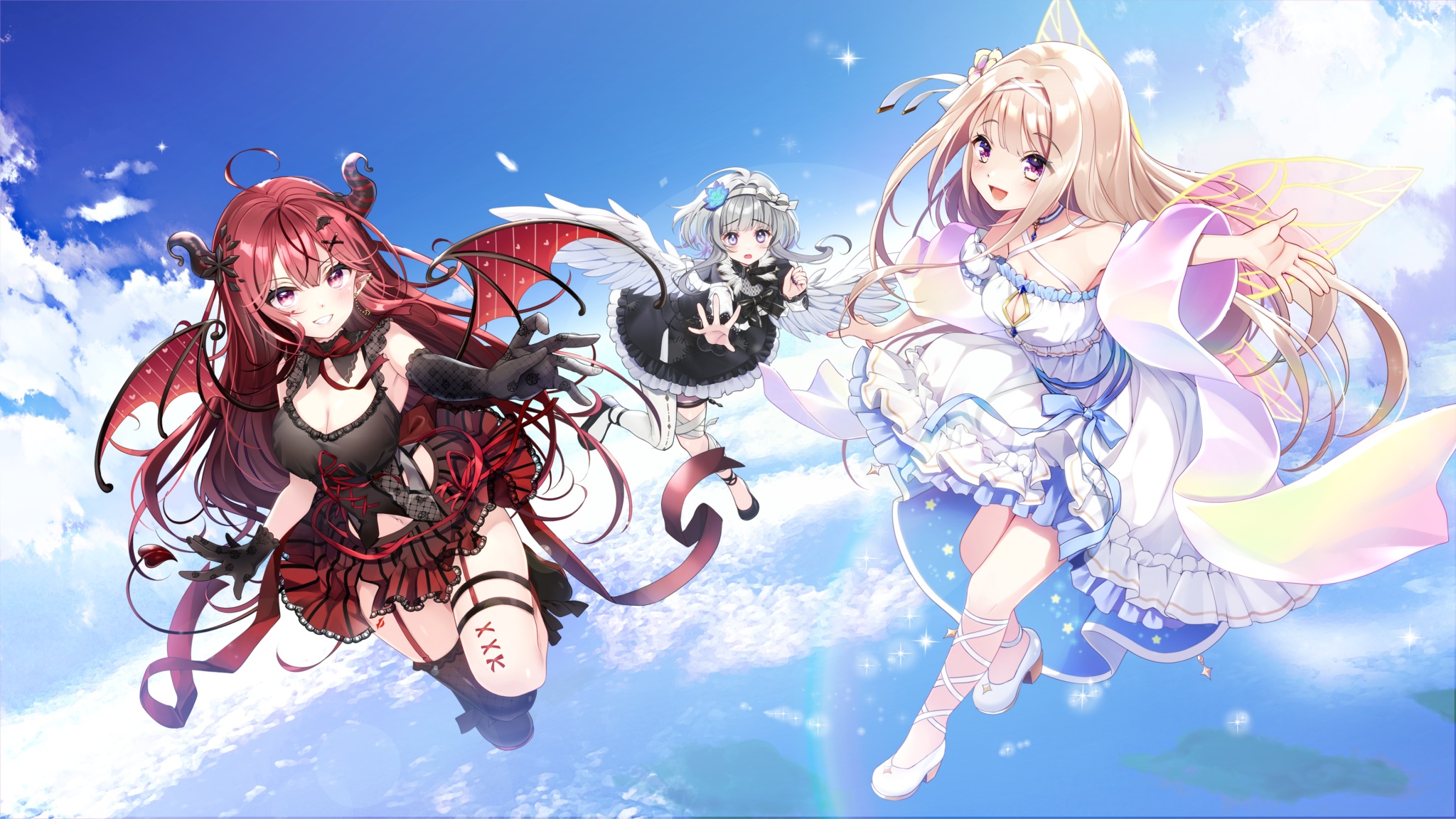 Anime 2048x1152 anime anime girls women trio blonde redhead dress pointy ears horns sky wings Tai silver hair Virtual Youtuber