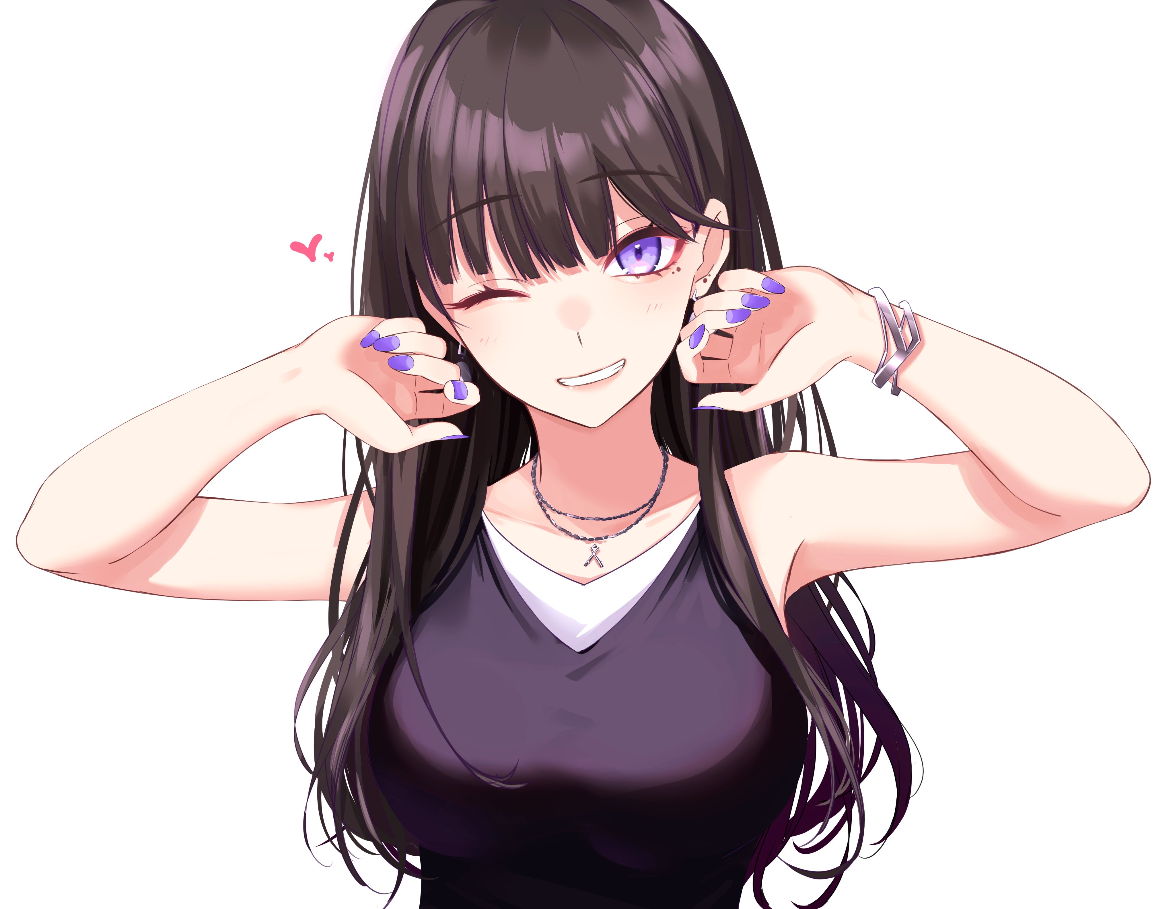 Anime 4096x3170 white background anime girls artwork Ichiki 1 wink smiling purple eyes dark hair long hair big boobs