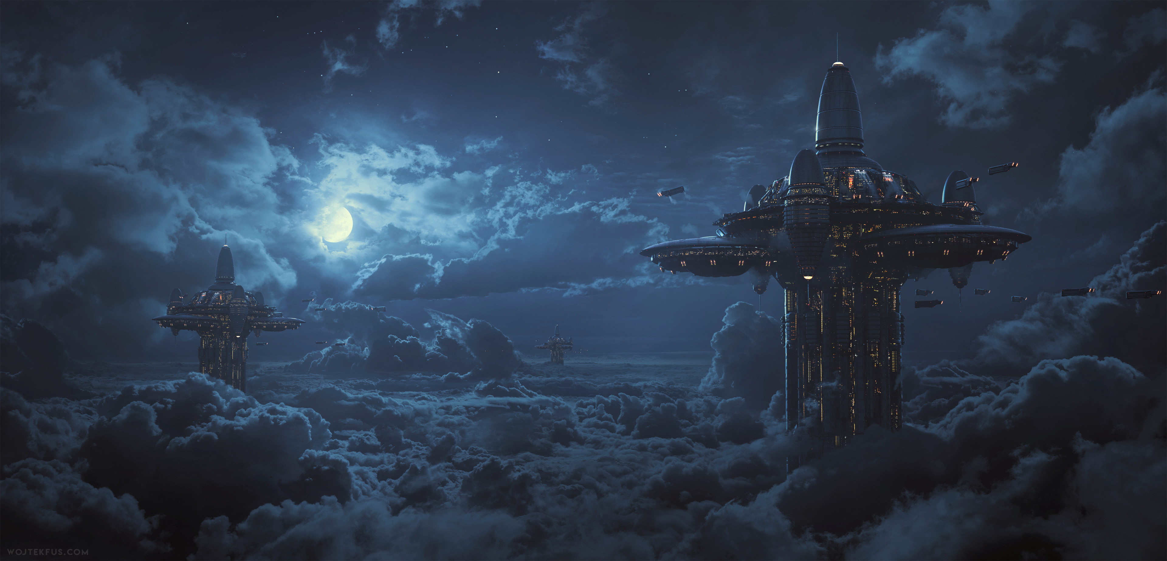General 3840x1847 Wojtek Fus digital art science fiction moonlight artwork sky