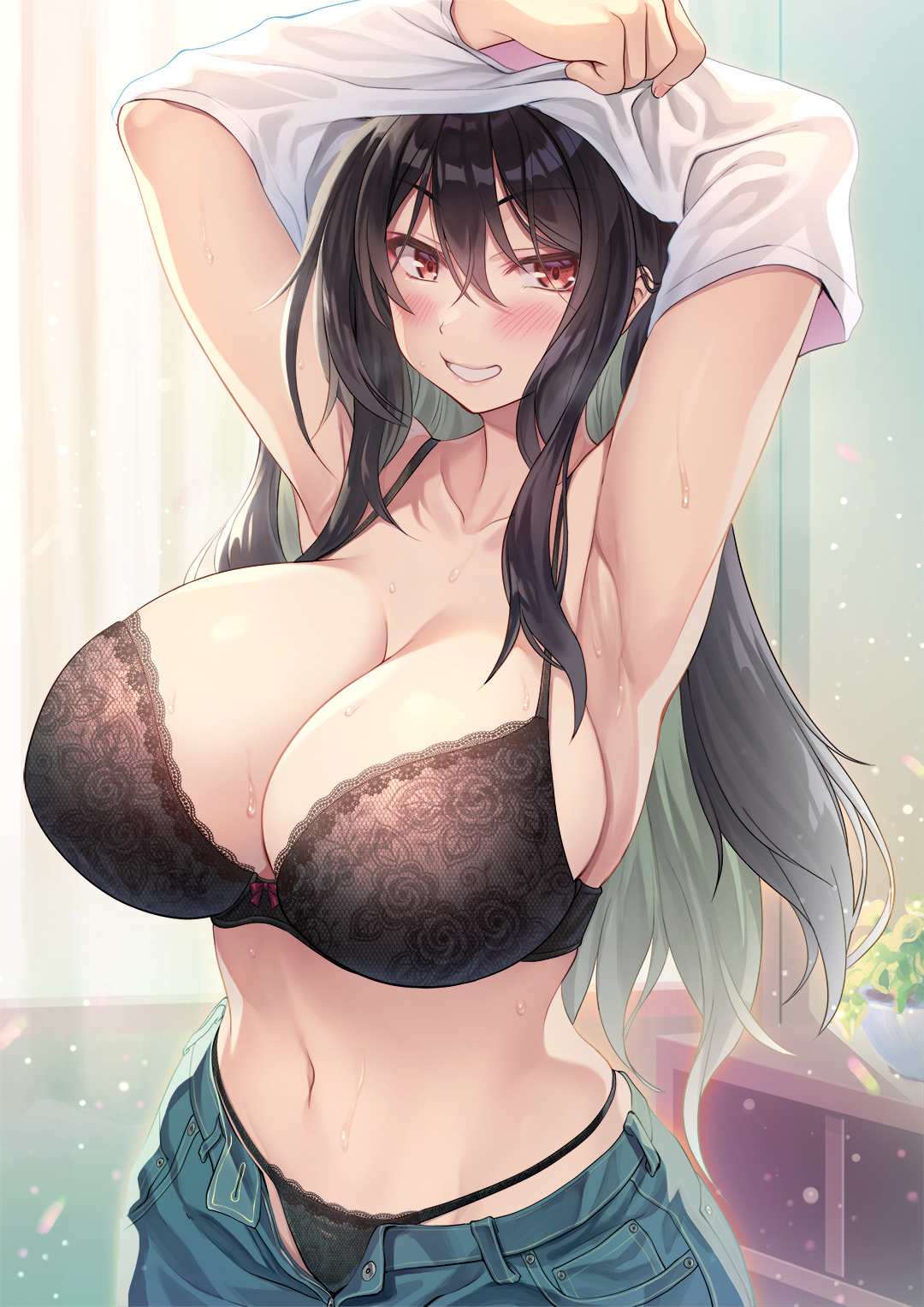 Anime 1080x1527 anime anime girls portrait display artwork huge breasts Himamo (artist) cleavage underwear undressing dark hair brown eyes blushing smiling