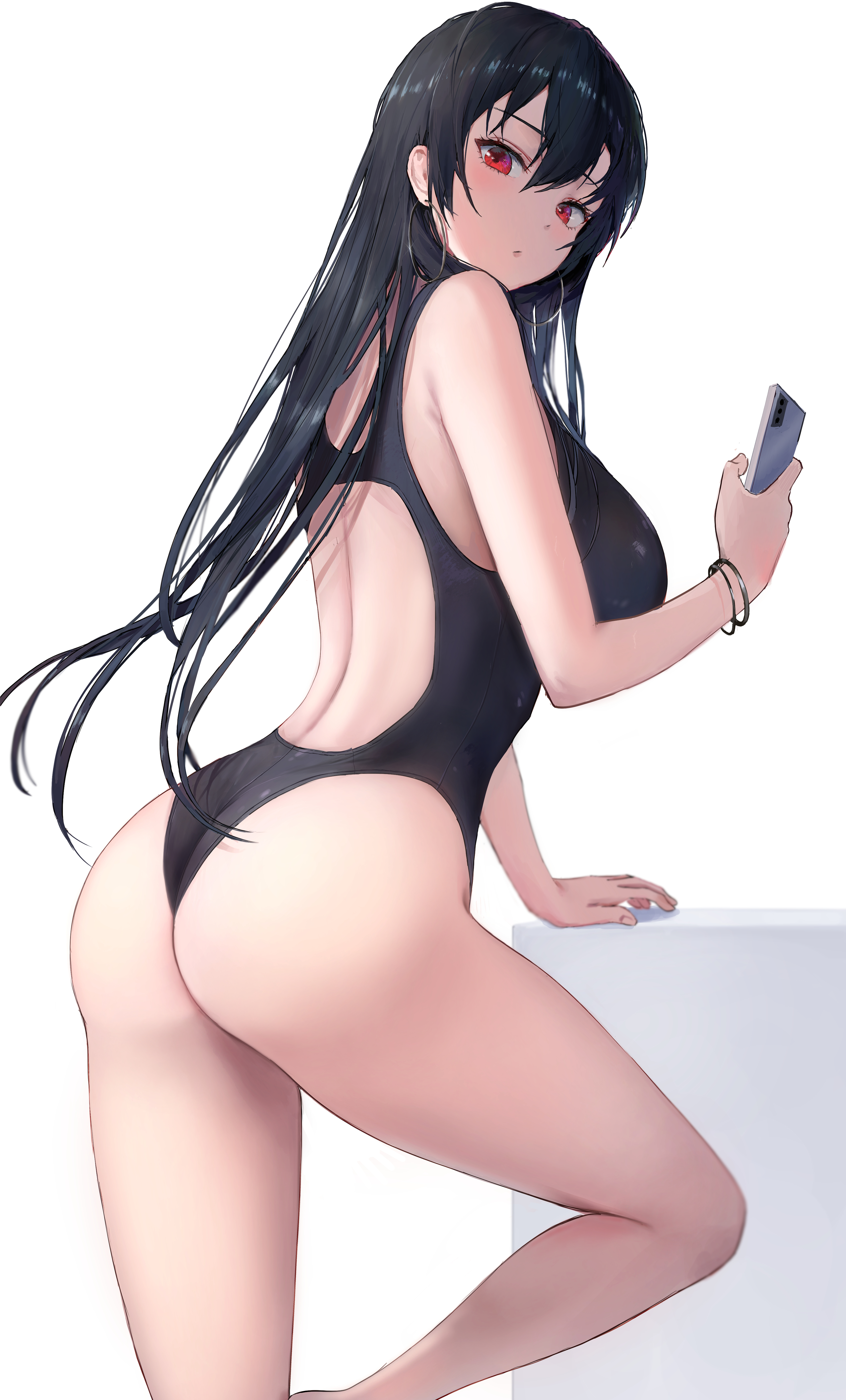 Anime 3448x5709 anime girls red eyes ass one-piece swimsuit long hair black hair artwork Pigonhae big boobs