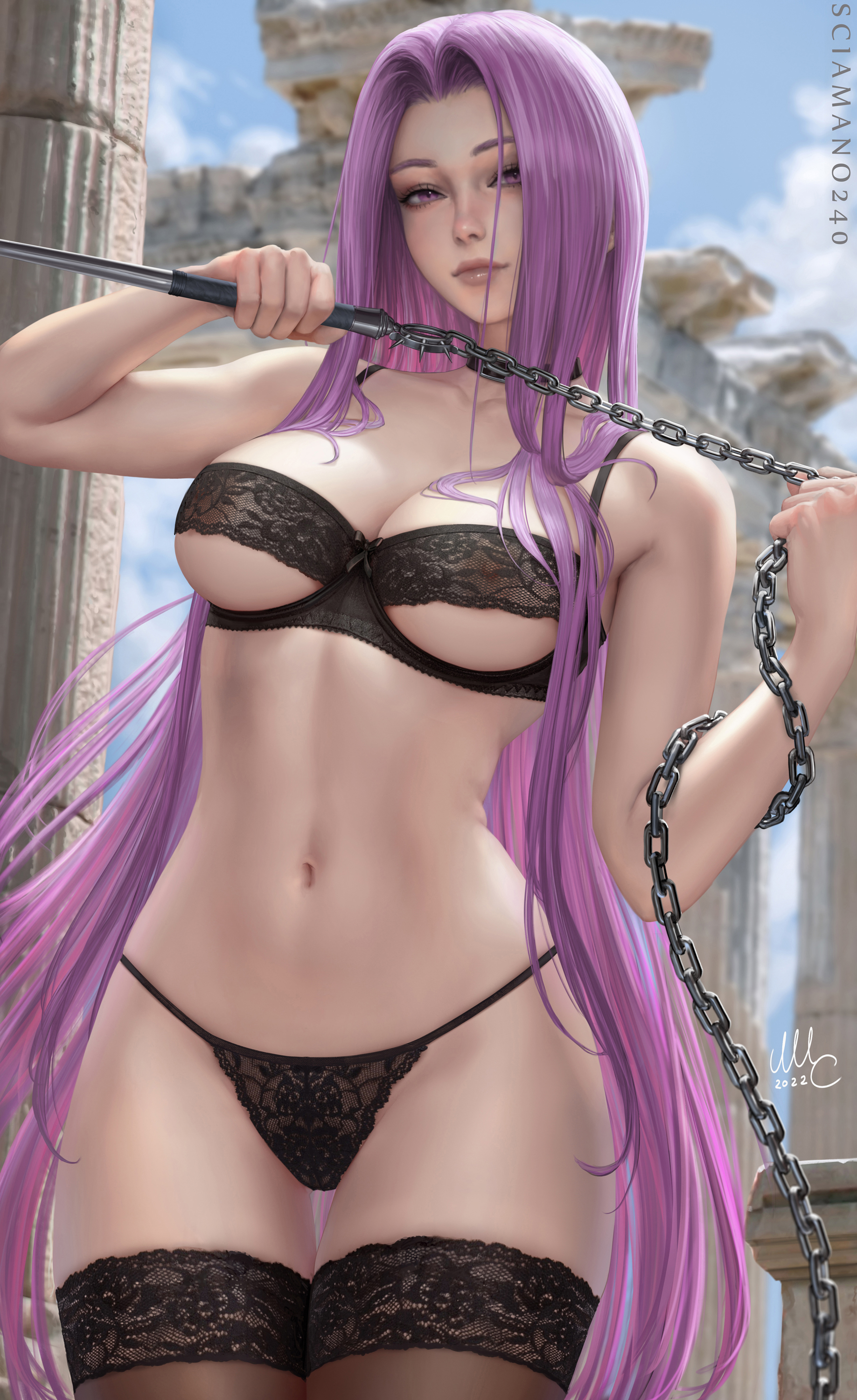 Anime 1837x3000 illustration artwork digital art fan art drawing fantasy art fantasy girl women Mirco Cabbia portrait display anime anime girls belly belly button looking at viewer cleavage long hair purple hair Fate series Fate/Grand Order Medusa (Fate/Grand Order)