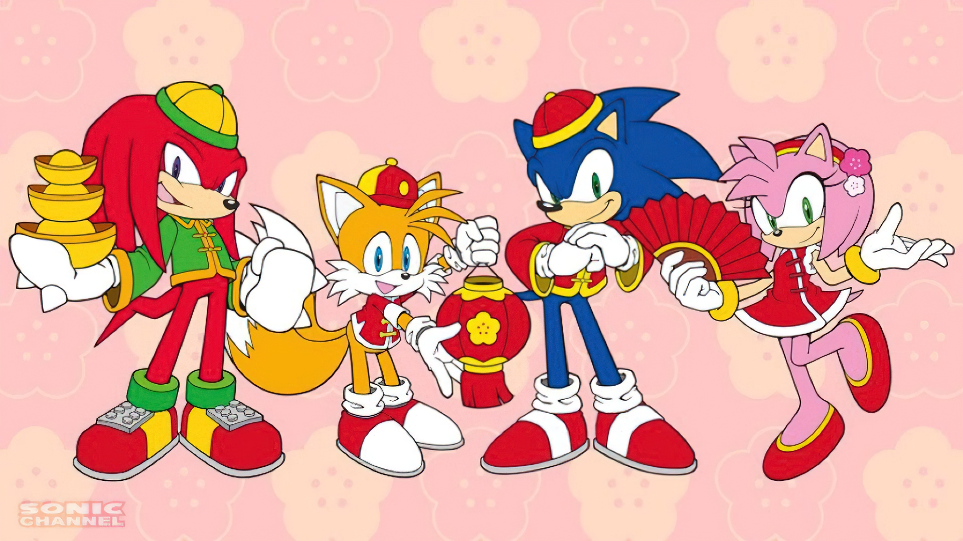 General 1920x1080 Sonic Tails (character) Amy Rose Knuckles Sonic the Hedgehog Spring Festival video game art Sega New Year PC gaming holiday fox Anthro artwork pink background video games
