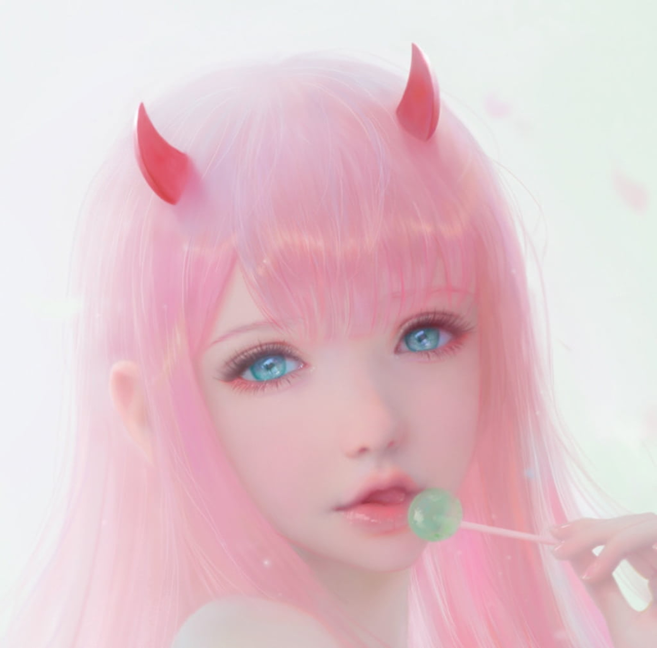 Anime 1280x1263 Darling in the FranXX Zero Two (Darling in the FranXX) women artwork horns pink hair aqua eyes lollipop