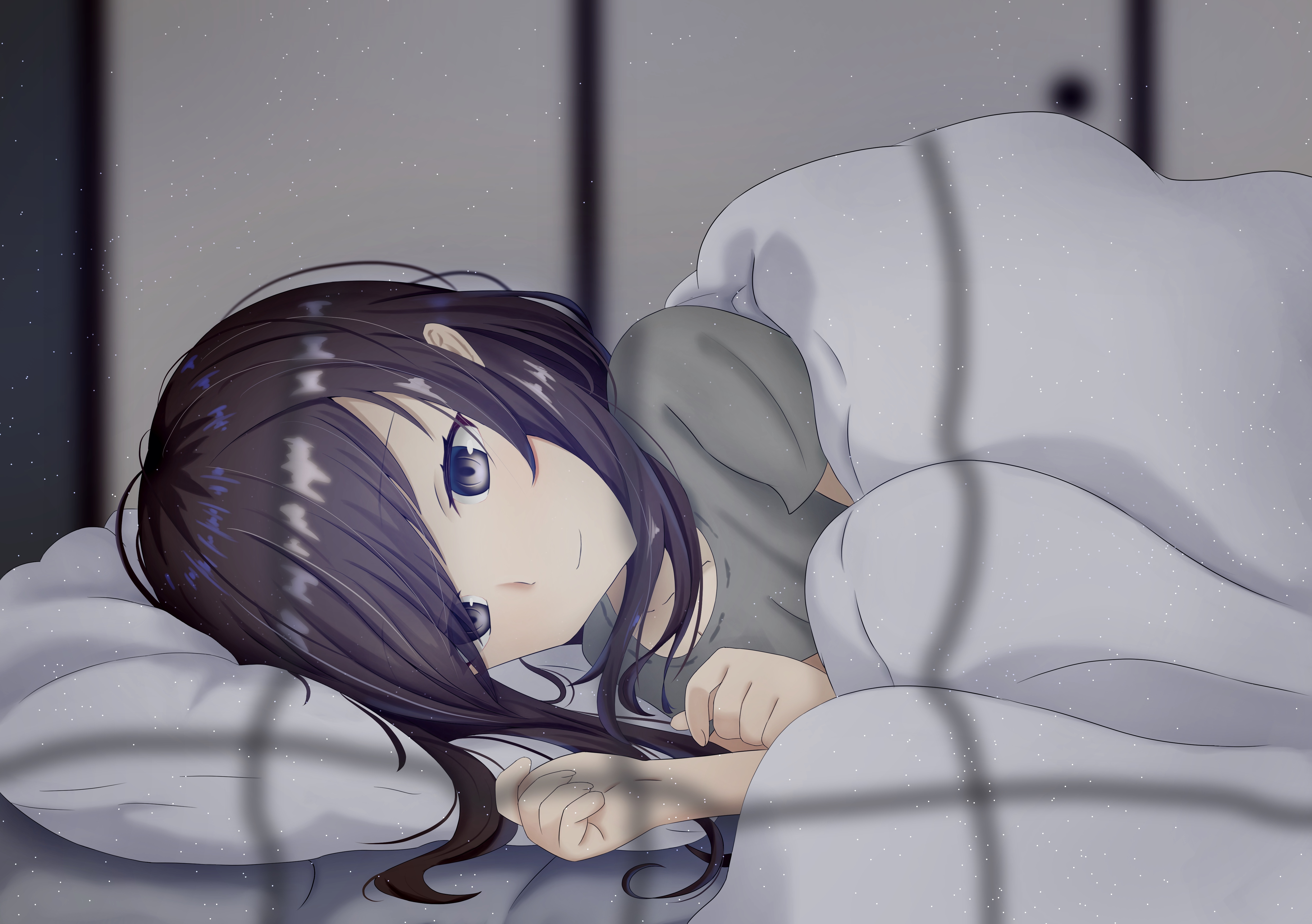 Anime 4961x3496 anime anime girls original characters in bed brunette dark eyes