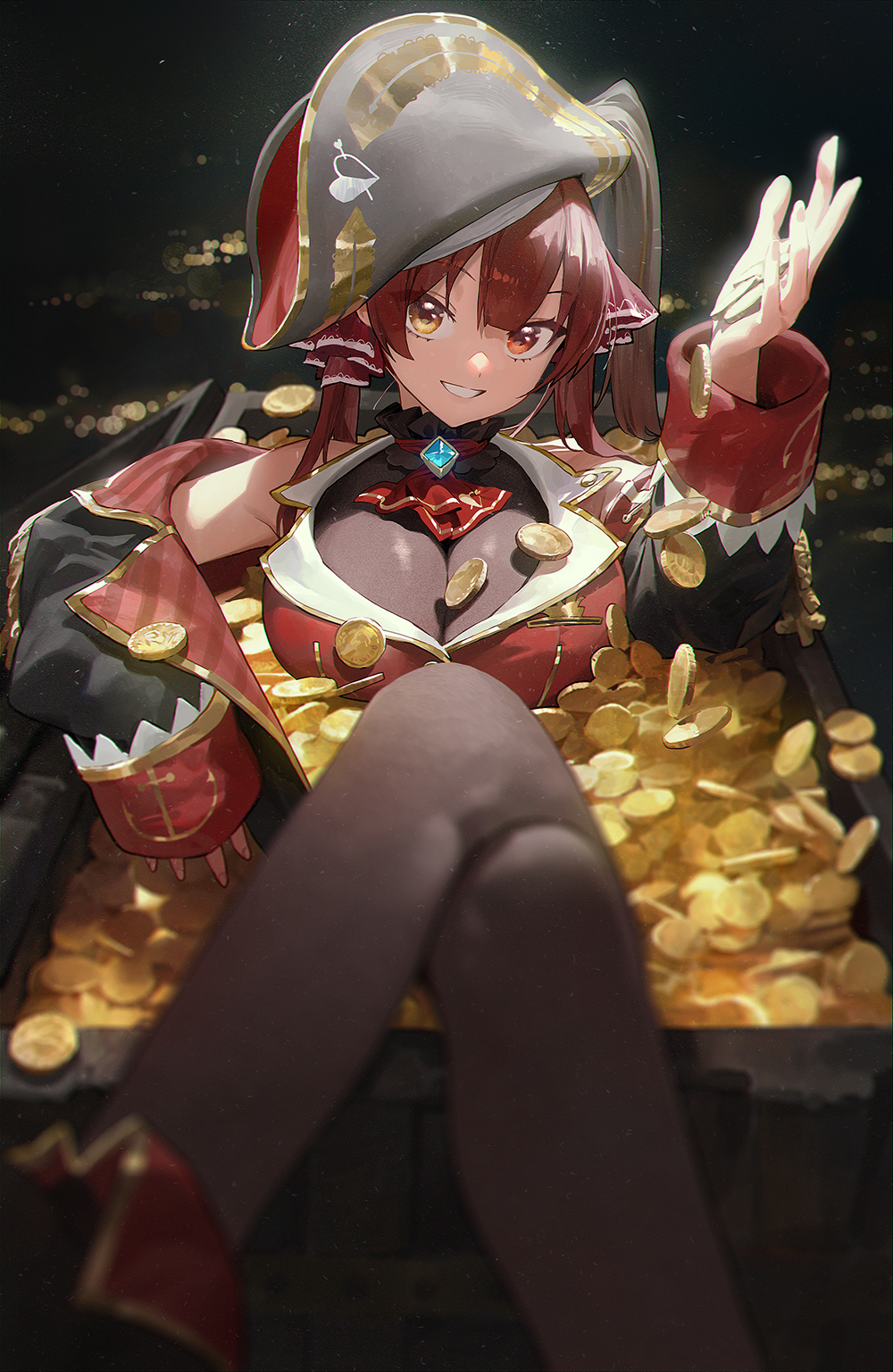 Anime 1000x1537 anime anime girls artwork portrait display 2D Mossi (artist) Hololive Virtual Youtuber Houshou Marine redhead heterochromia pirate hat coins treasure chest hat women with hats legs legs crossed smiling